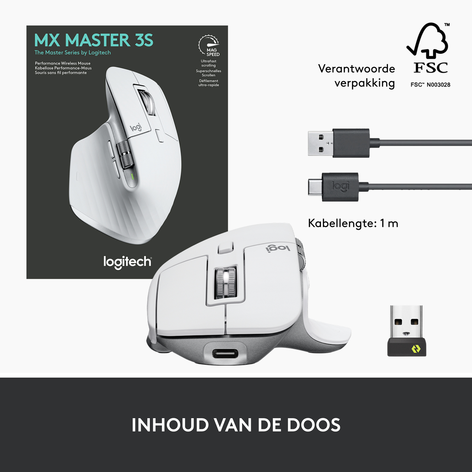 White Logitech MX Master 3S mouse with cables and a USB receiver on a white background. Text: MX MASTER 3S, Logitech.