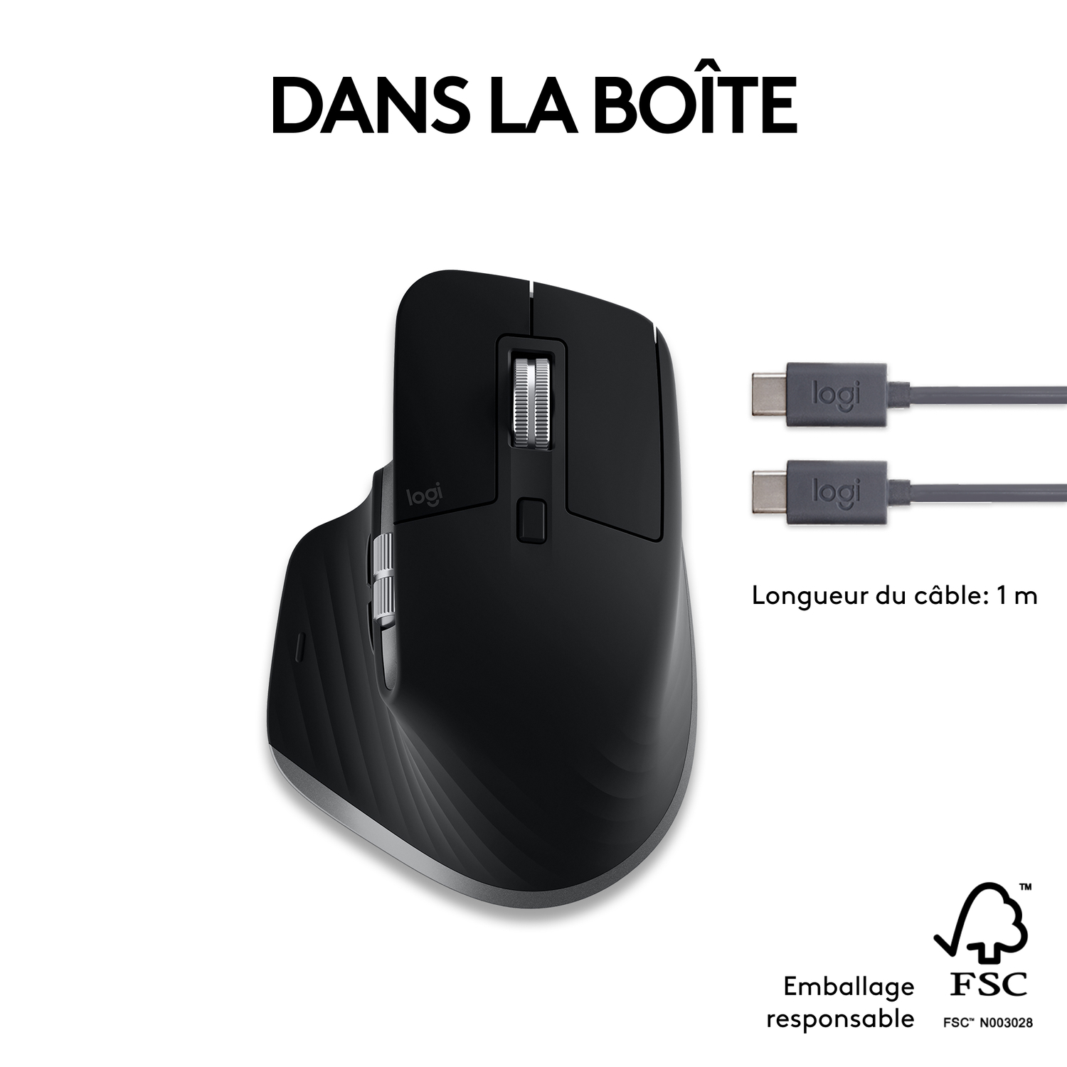 Souris Logitech noire avec câble USB et texte 'DANS LA BOÎTE'.