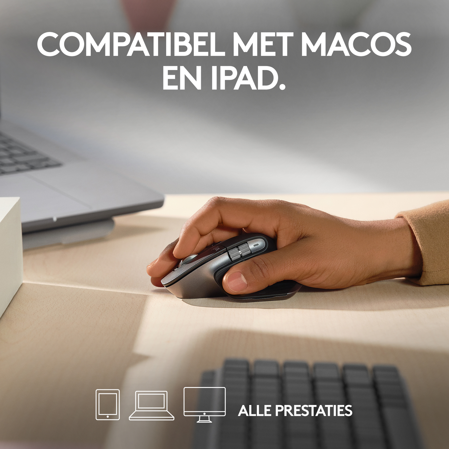 A hand on a mouse. Text says 'Compatible with MacOS and iPad'. Icons of devices are shown below.