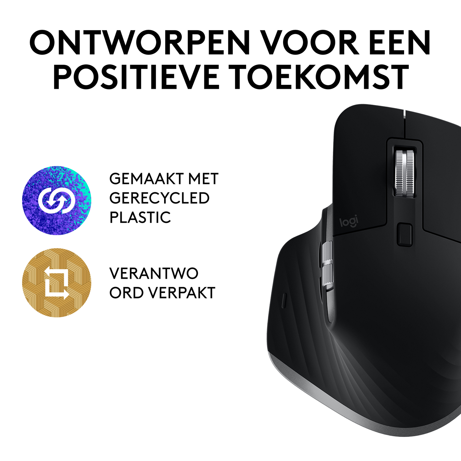 Black Logitech mouse with icons and text 'ONTWORPEN VOOR EEN POSITIEVE TOEKOMST'.