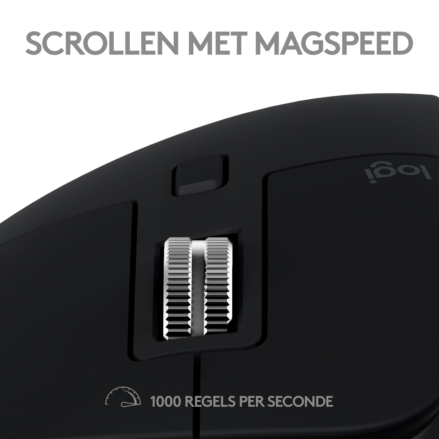 Close-up of a black Logitech mouse scroll wheel, with text 'SCROLLEN MET MAGSPEED'.