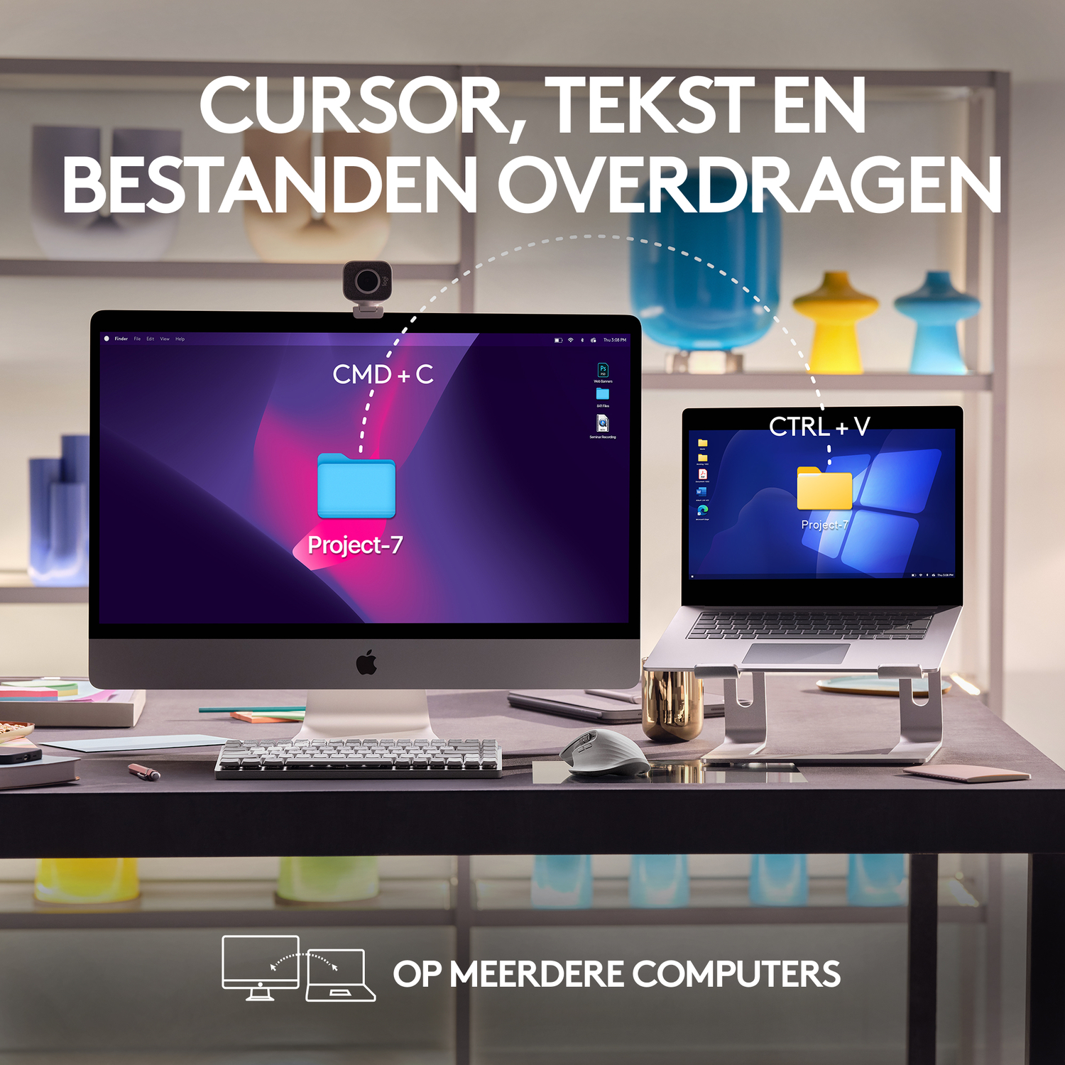 A computer setup with two screens transferring files. The left screen shows a folder. The right screen shows a desktop.