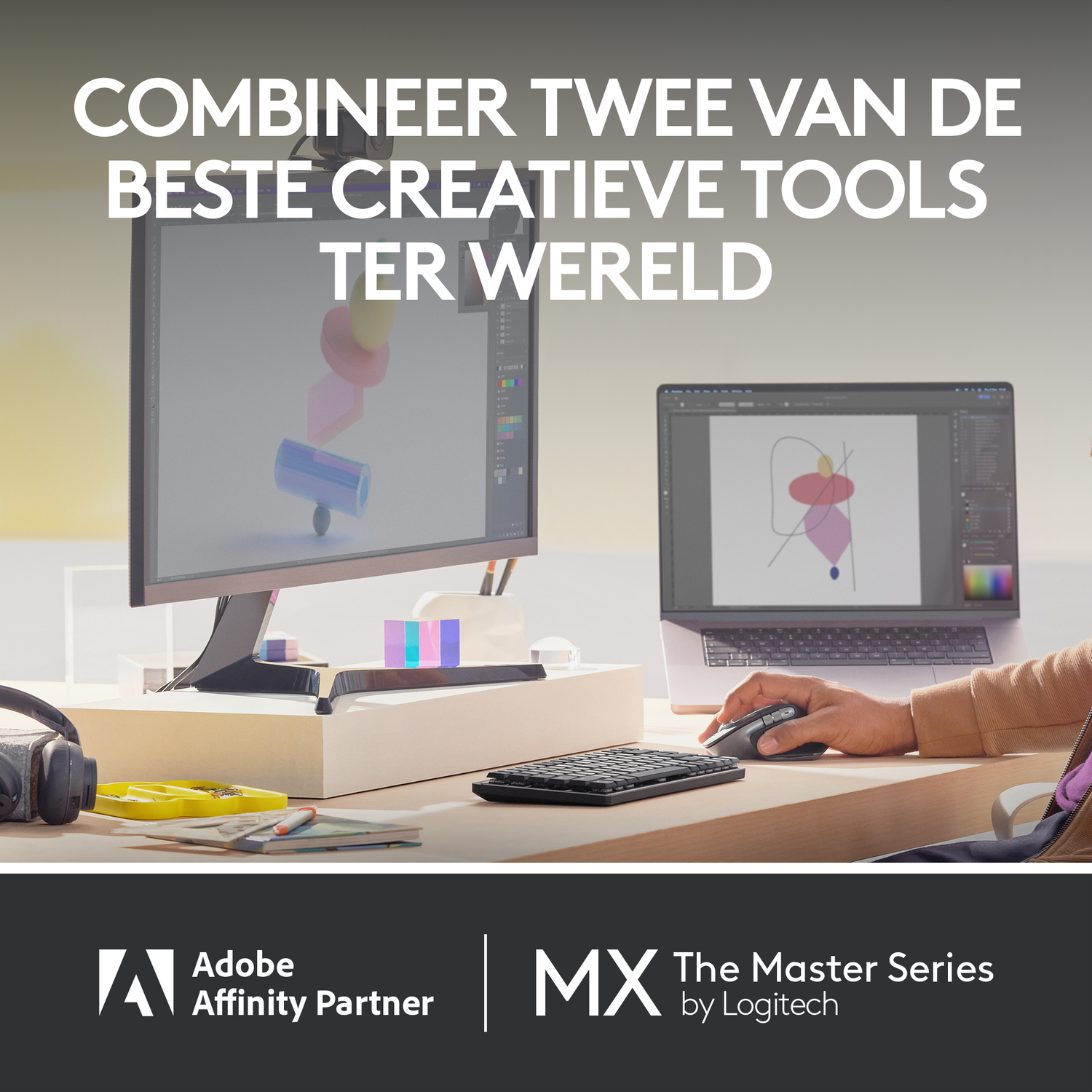 A person using a laptop and a monitor, with text in Dutch saying 'Combine two creative tools'.