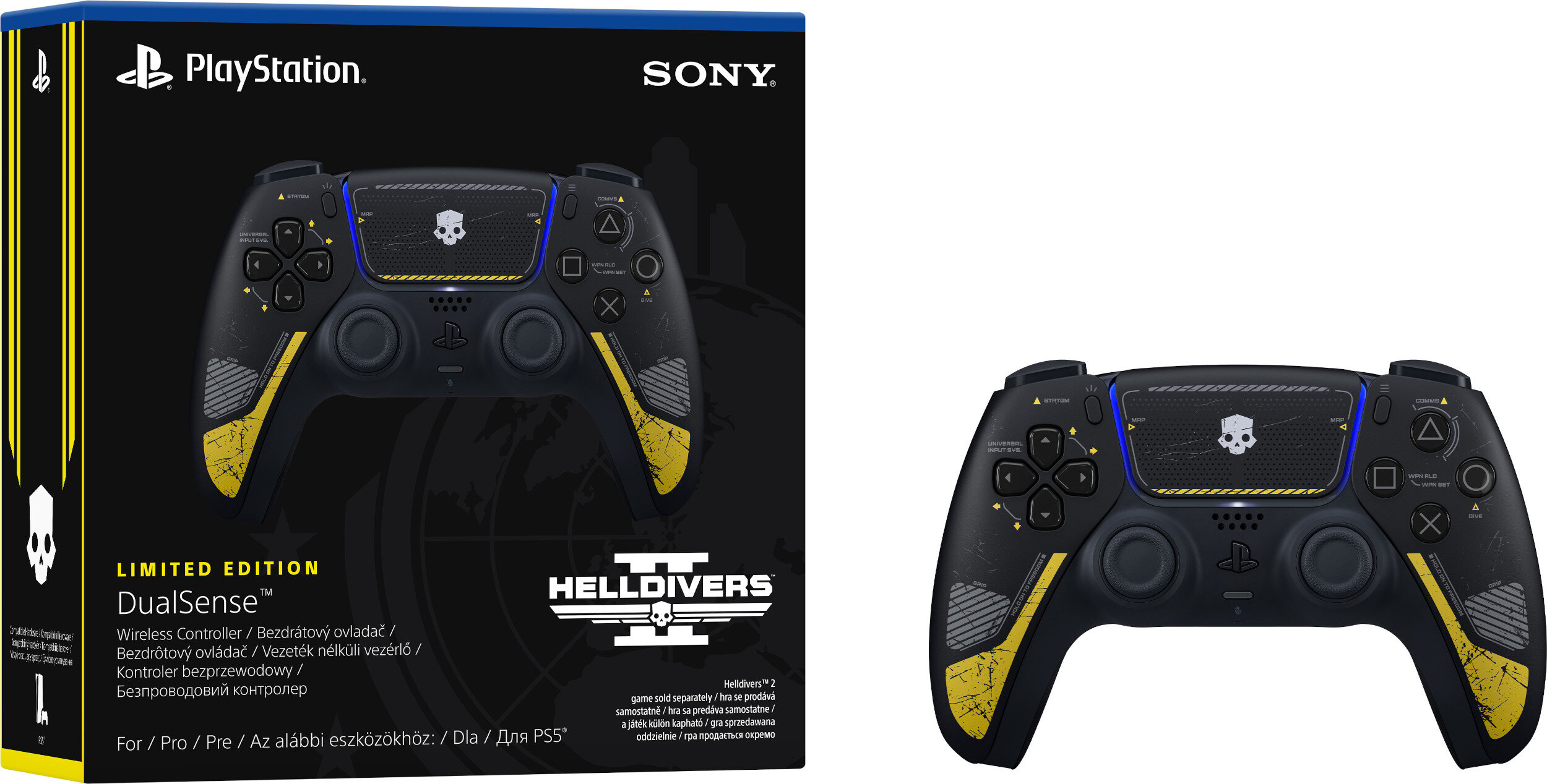 Czarno-żółte pudełko i kontroler PlayStation.