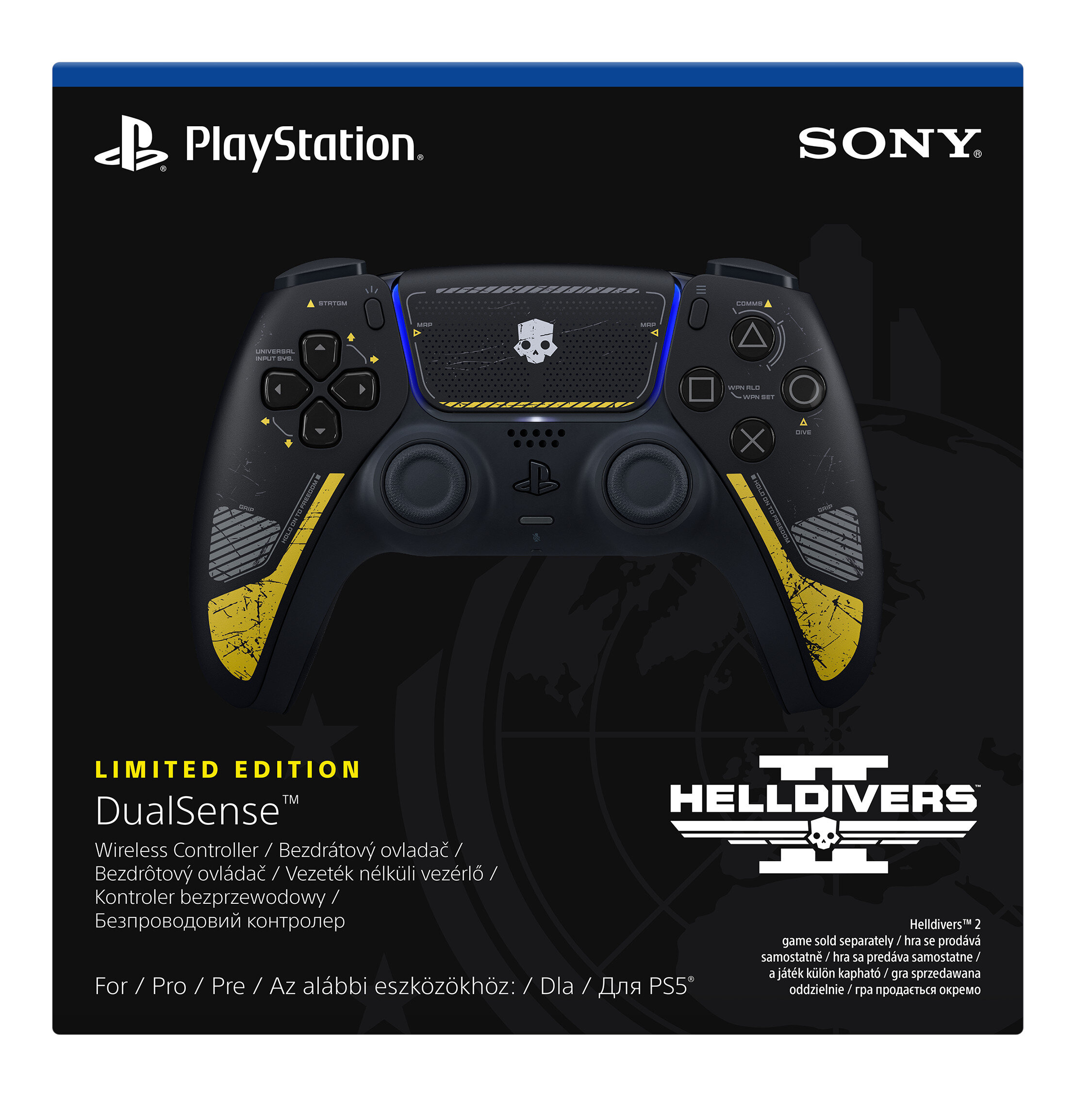 Limitowana edycja kontrolera PS5 DualSense. Czarny z żółtymi akcentami, logo Helldivers.