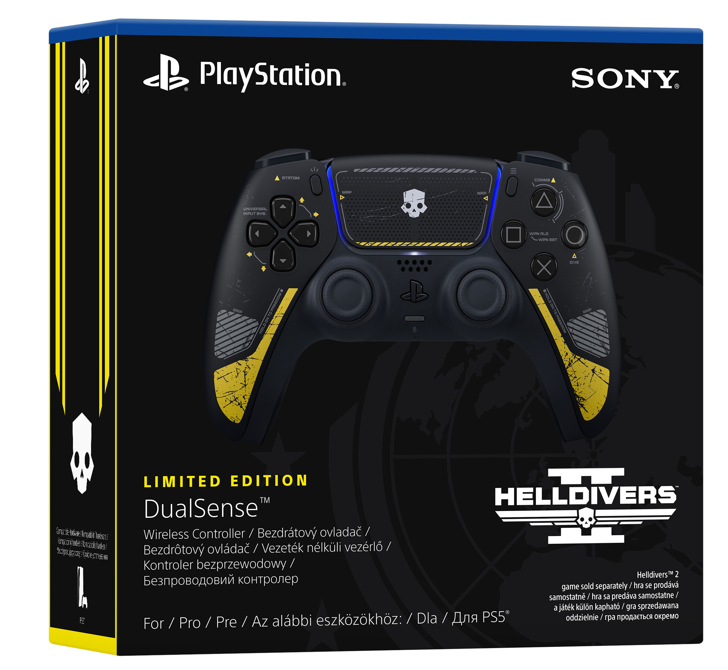 Czarny i żółty kontroler bezprzewodowy PlayStation DualSense w pudełku z logo HellDivers.
