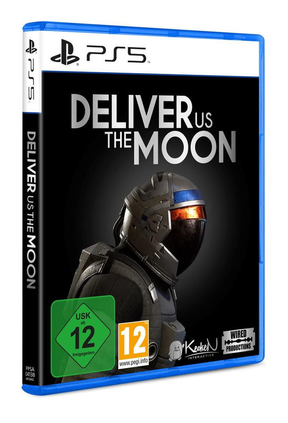 PS5-Spielhülle von 'Deliver Us The Moon'. Ein Weltraumfahrer mit dunklem Helm ist abgebildet. Schwarzer Hintergrund.