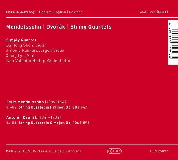 Notenblatt-Cover für Mendelssohn- und Dvořák-Streichquartette. Text und Informationen auf rotem Hintergrund.