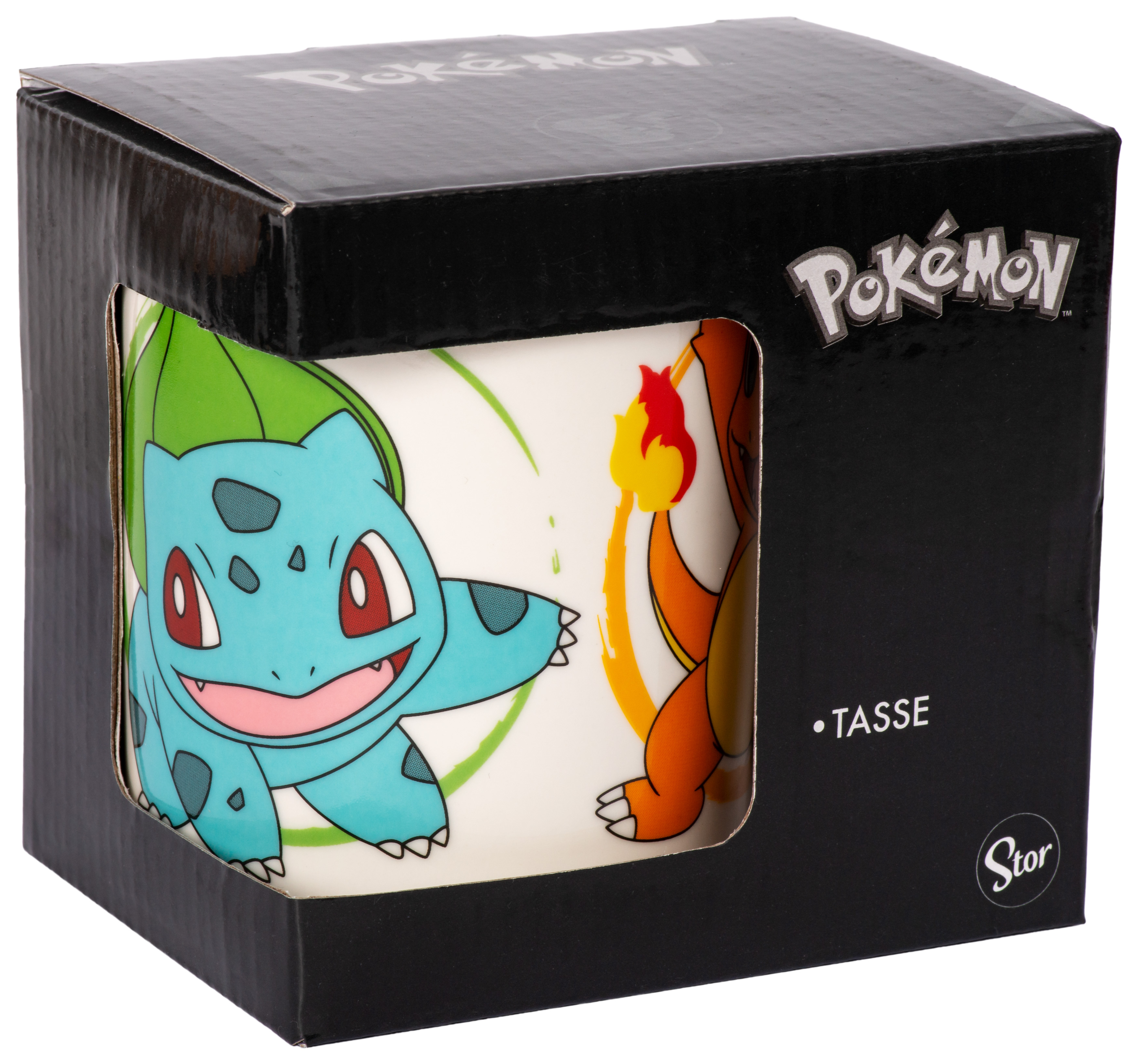 Pokemon-Tasse in einer Box, mit Bisasam und Glumanda.
