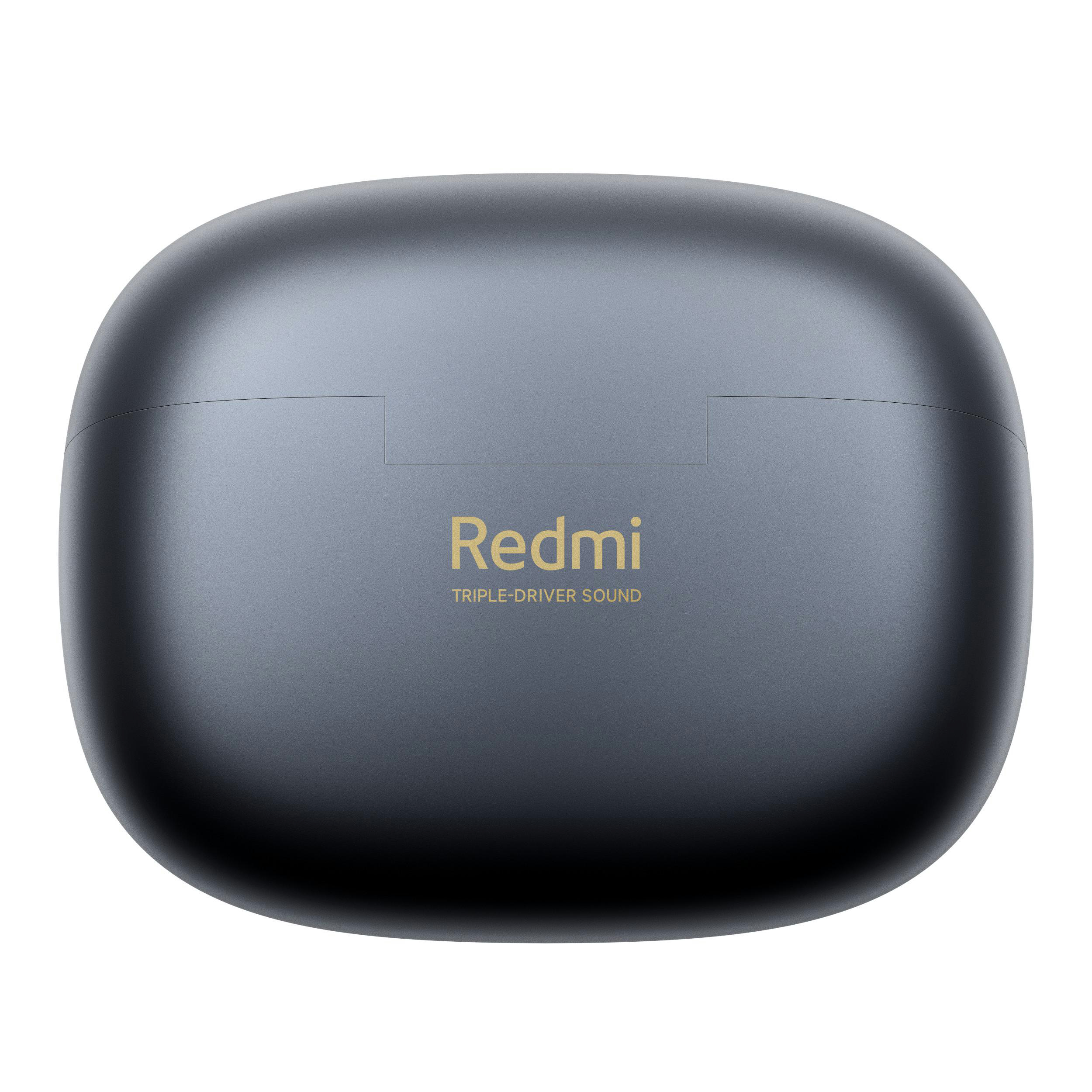 Ein graues Redmi-Ohrhörer-Ladeetui mit goldenem Text.