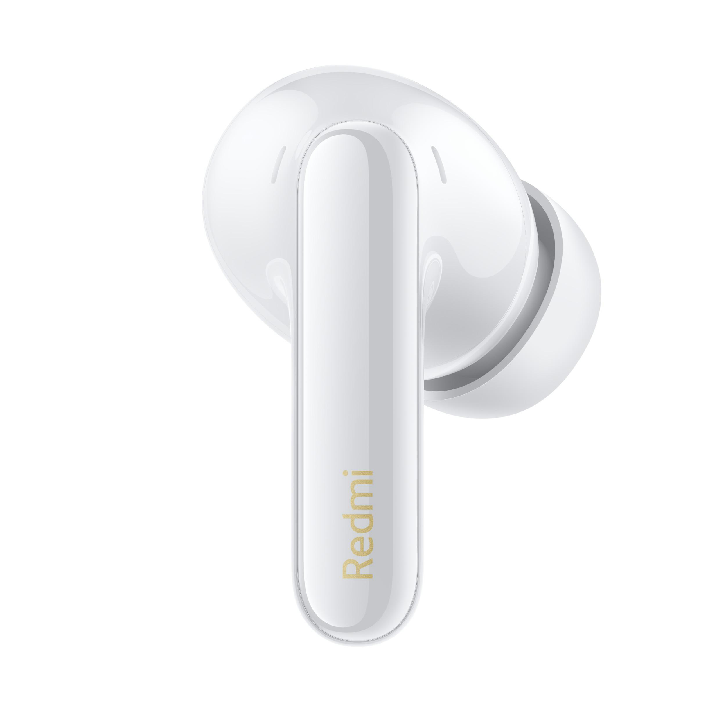 Weißer Redmi-Ohrhörer isoliert auf weißem Hintergrund. Der Ohrhörer hat ein geschwungenes Design.