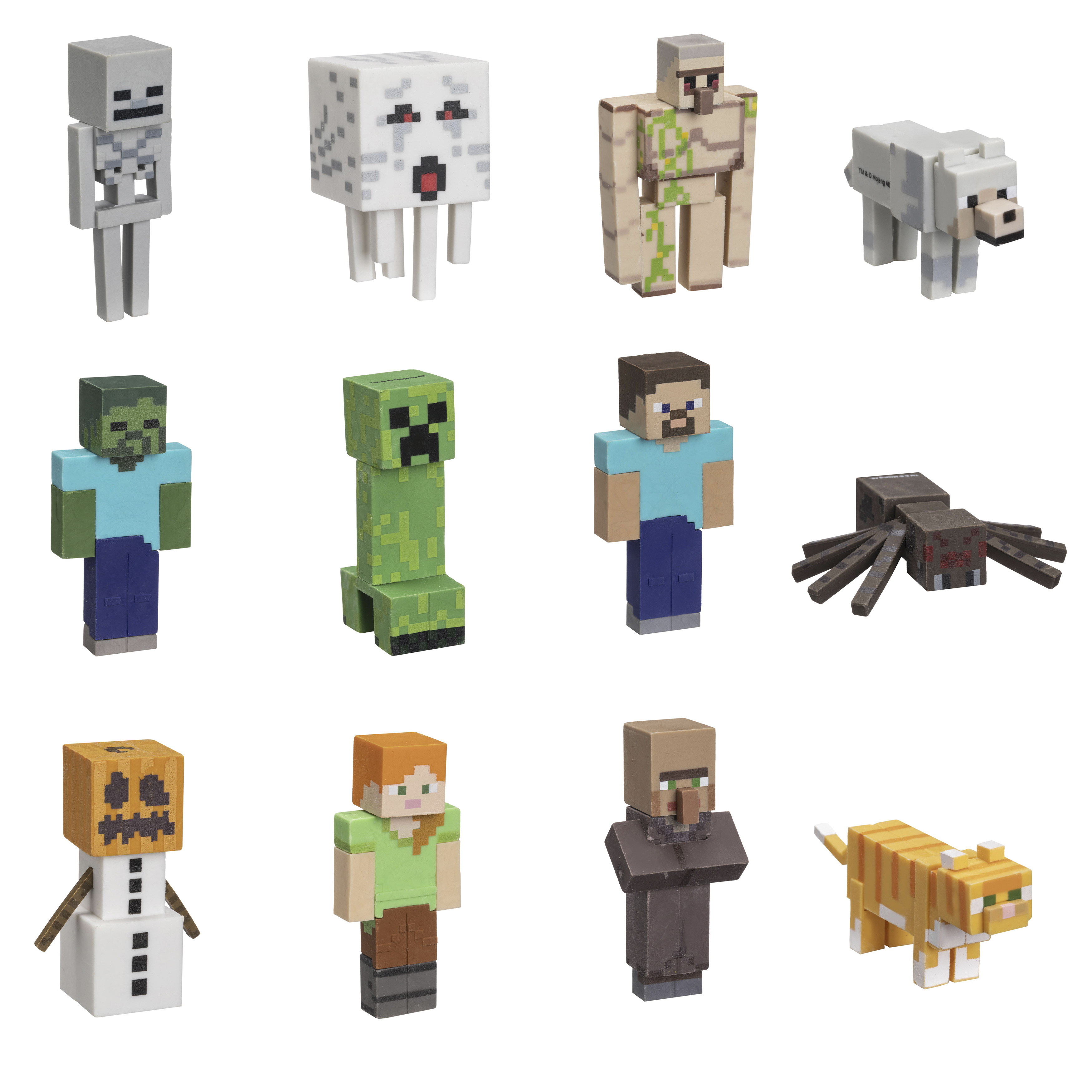Sammlung von Minecraft-Figuren: Skelett, Schneegolem, Eisengolem, Wolf, Zombie, Creeper, Steve usw.