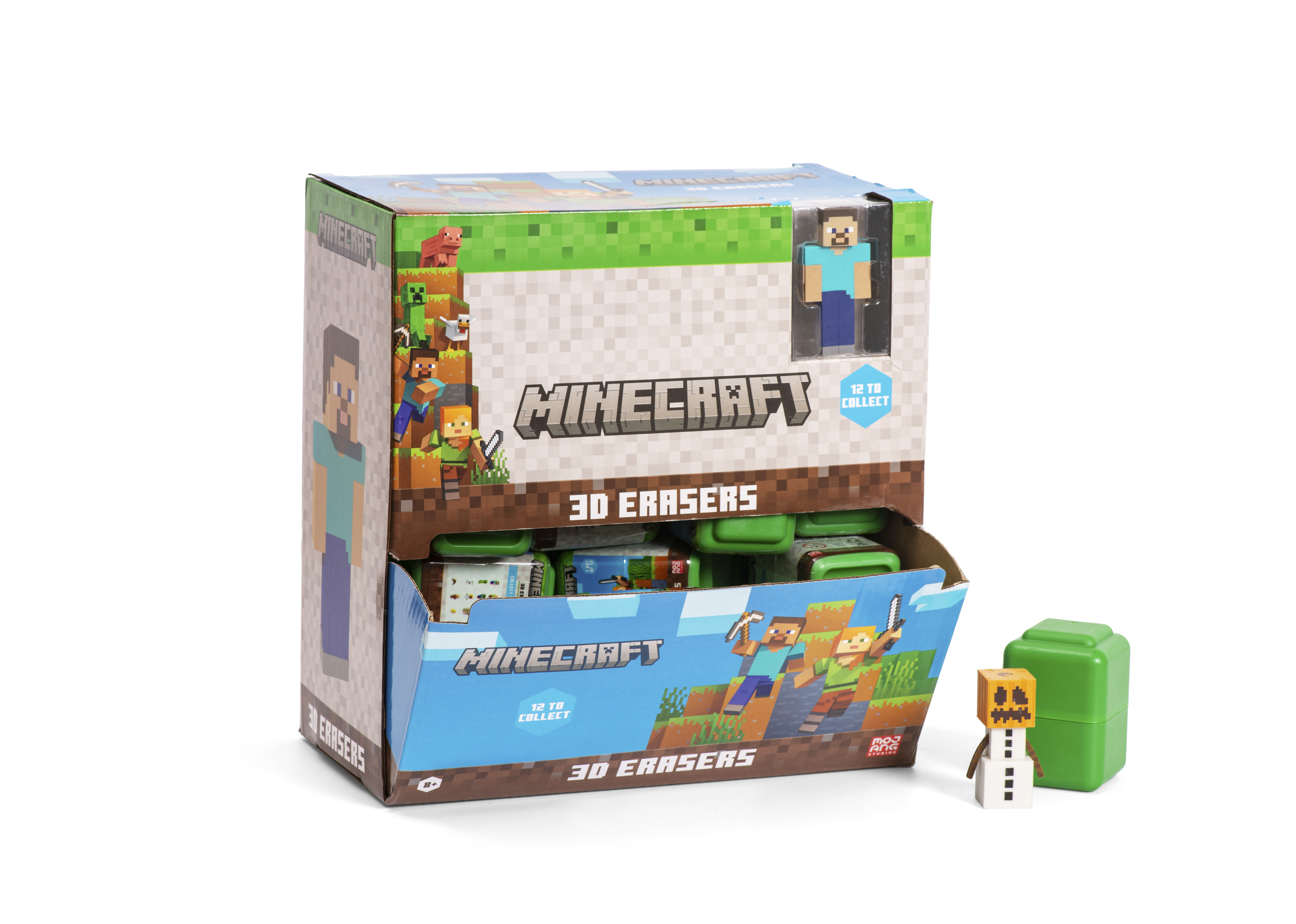 Minecraft 3D Radiergummis Displaybox mit Radiergummis und Figuren.