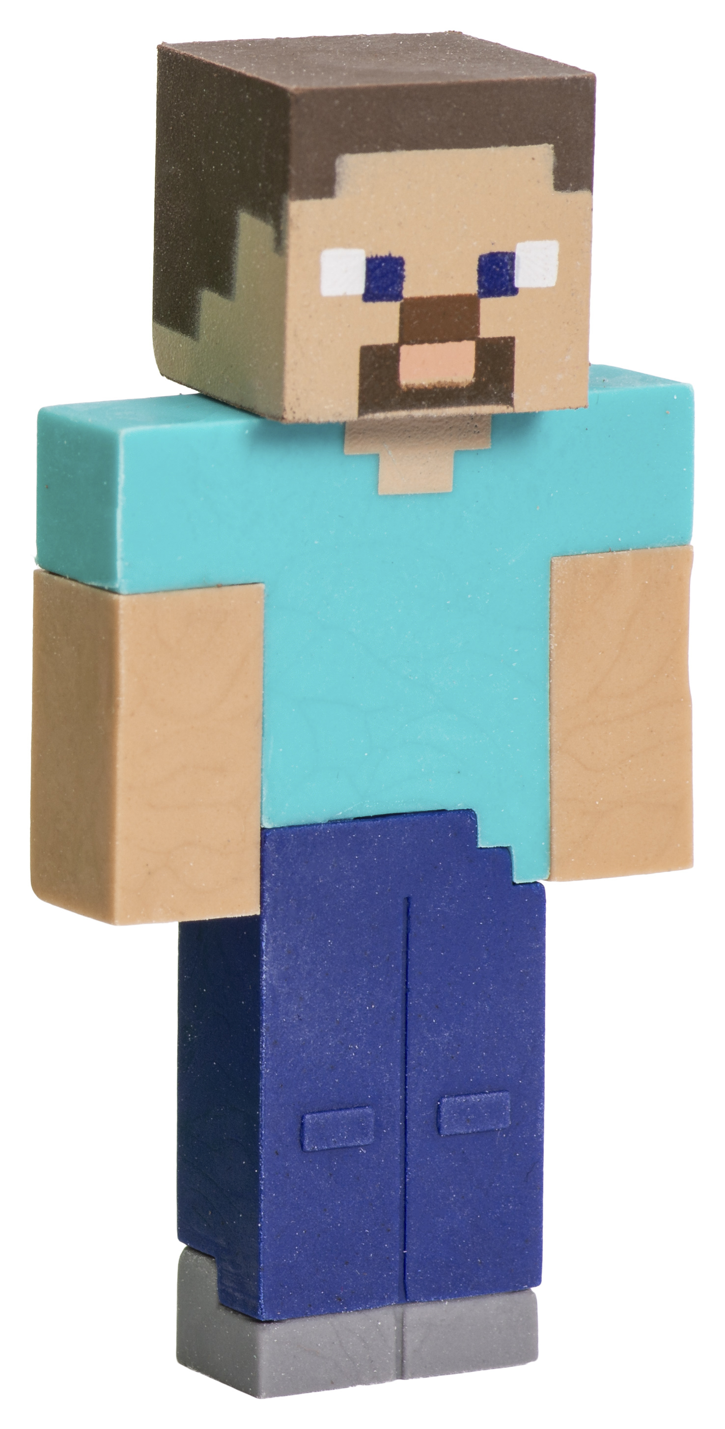 Eine Steve-Minecraft-Figur mit quadratischem Kopf. Er trägt ein blaues Hemd und eine Hose.