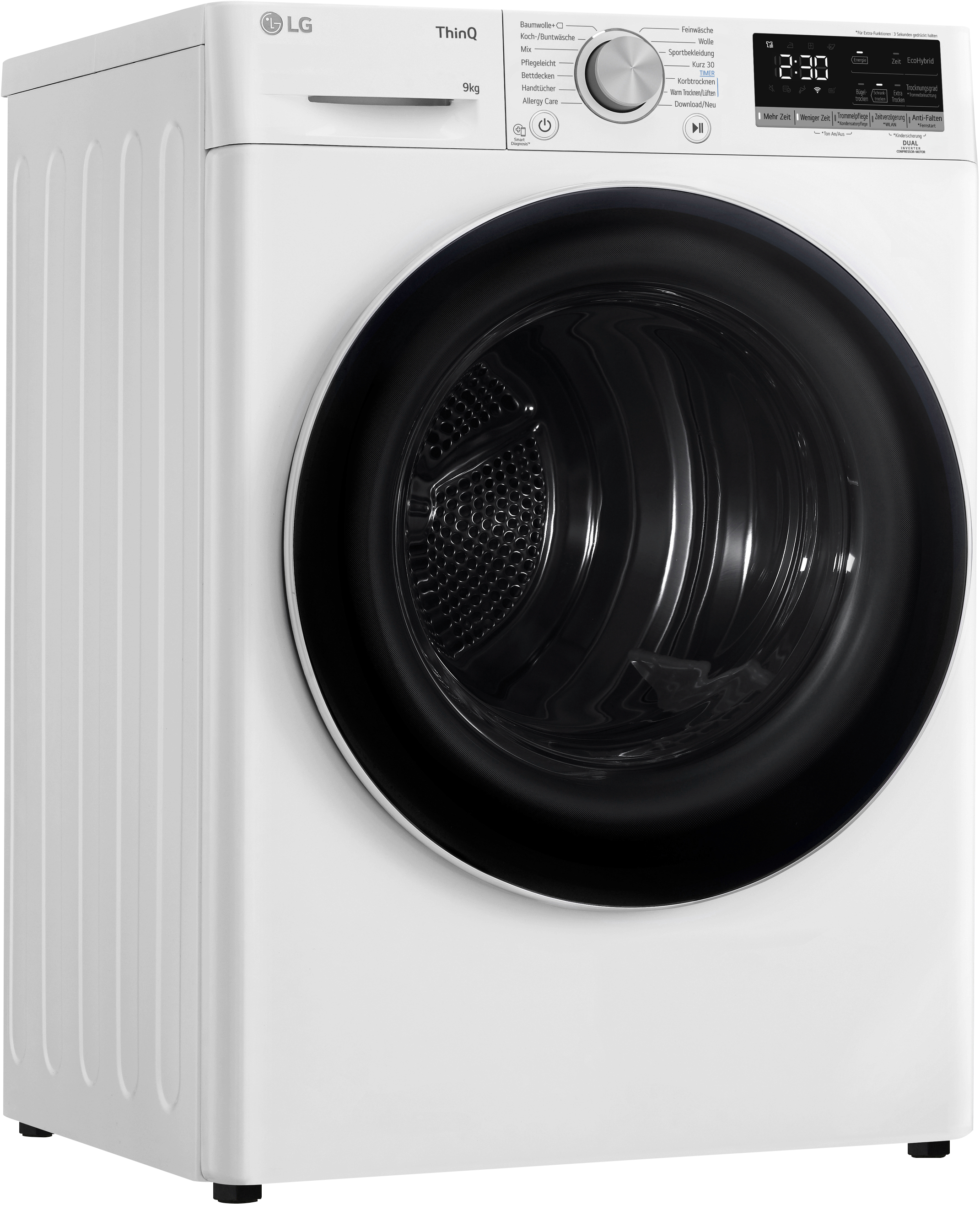 Eine weiße LG Waschmaschine mit schwarzer Tür.