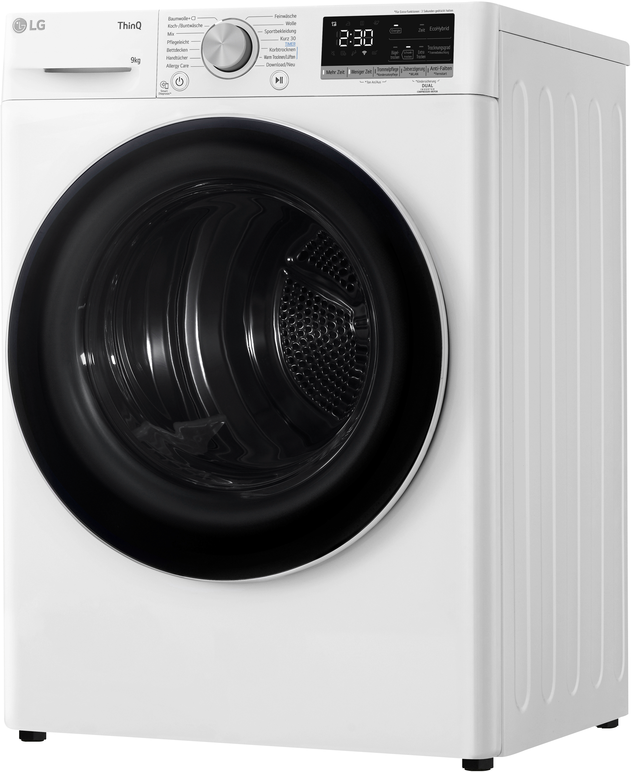Weiße LG Waschmaschine. Die Tür ist schwarz und rund.