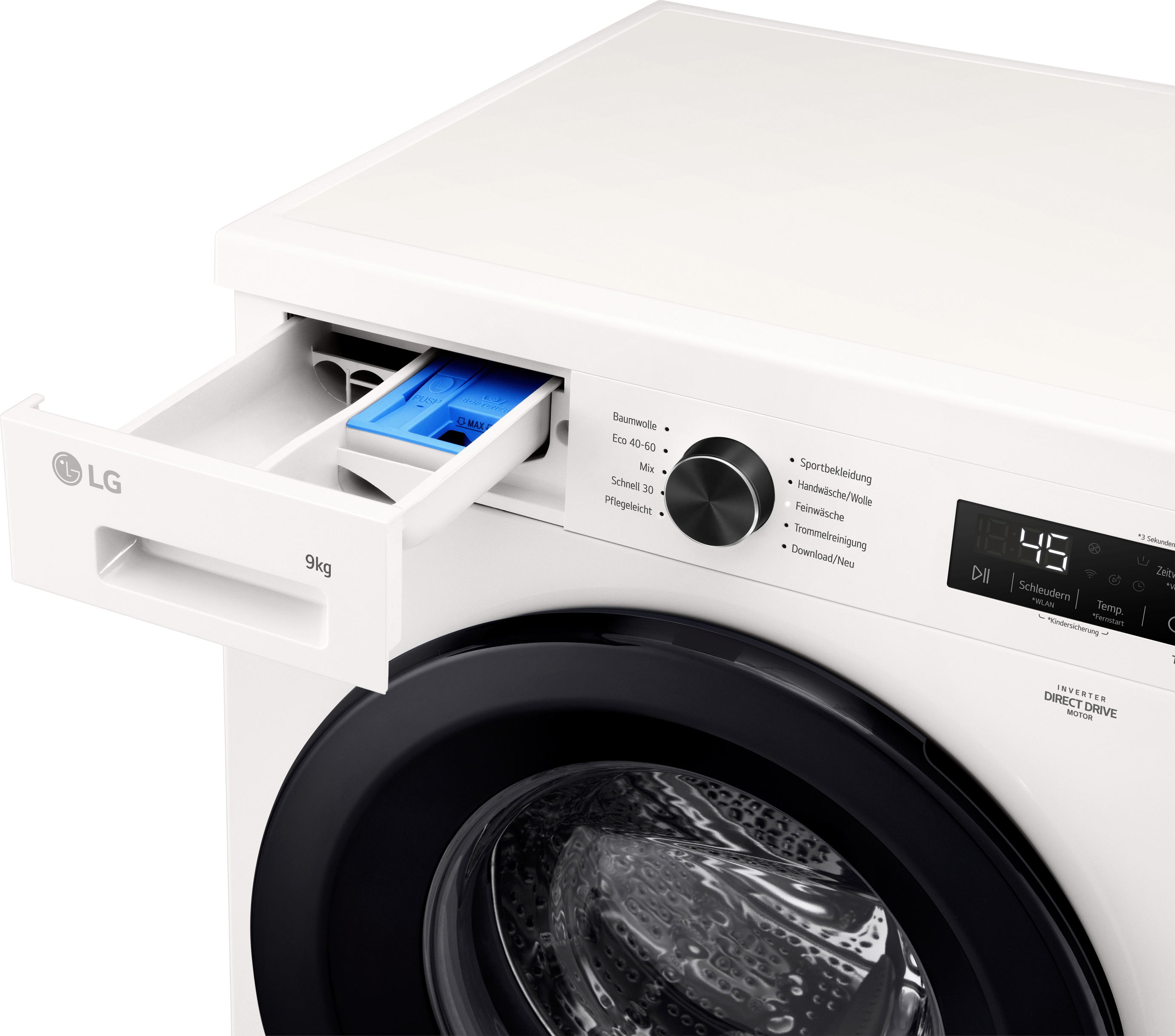 Weiße Waschmaschine mit geöffneter Waschmittelschublade. Eine Digitalanzeige zeigt die Waschzeit. LG-Logo sichtbar.