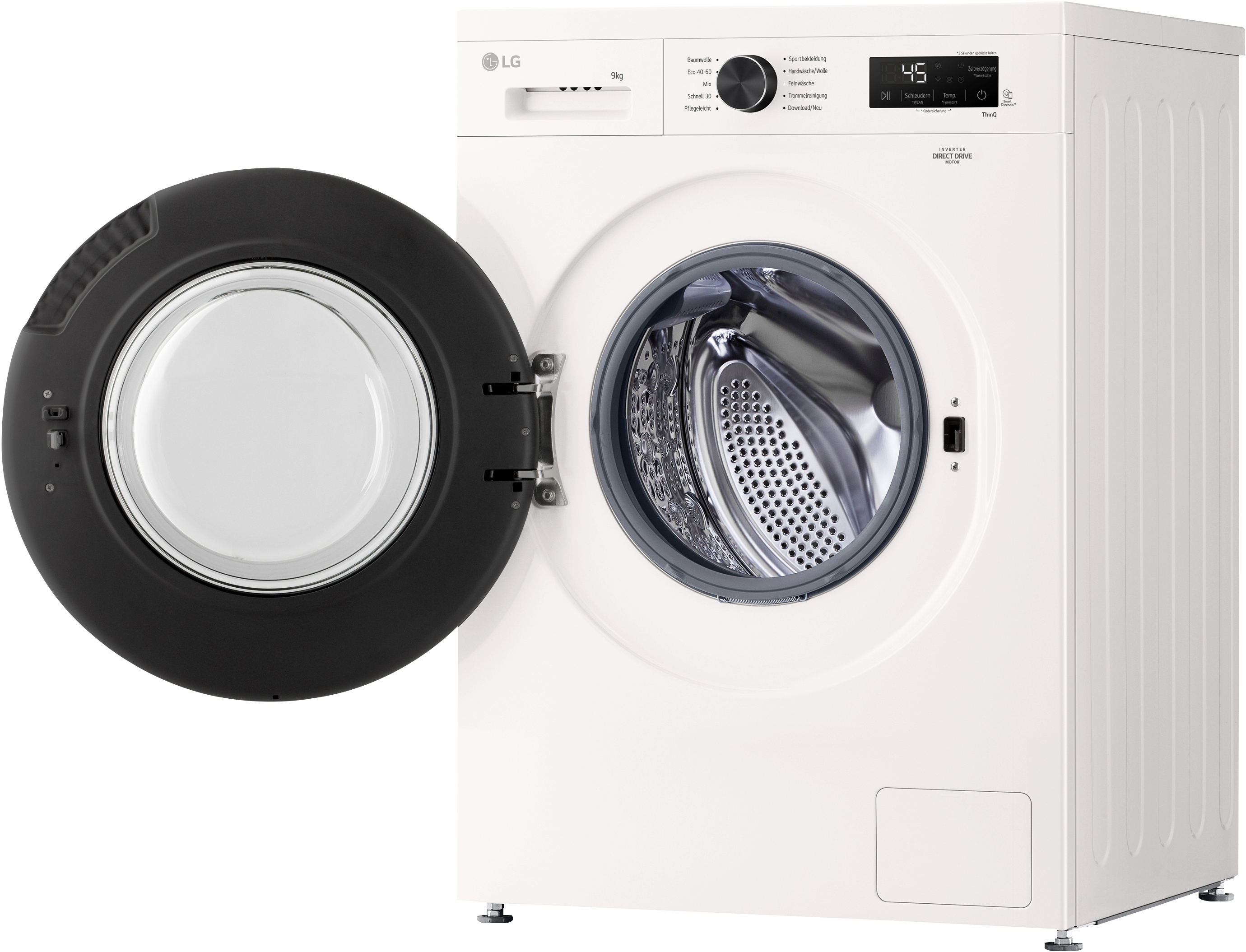 Eine weiße LG Waschmaschine mit offener Tür, die die Trommel zeigt. Sie ist isoliert.