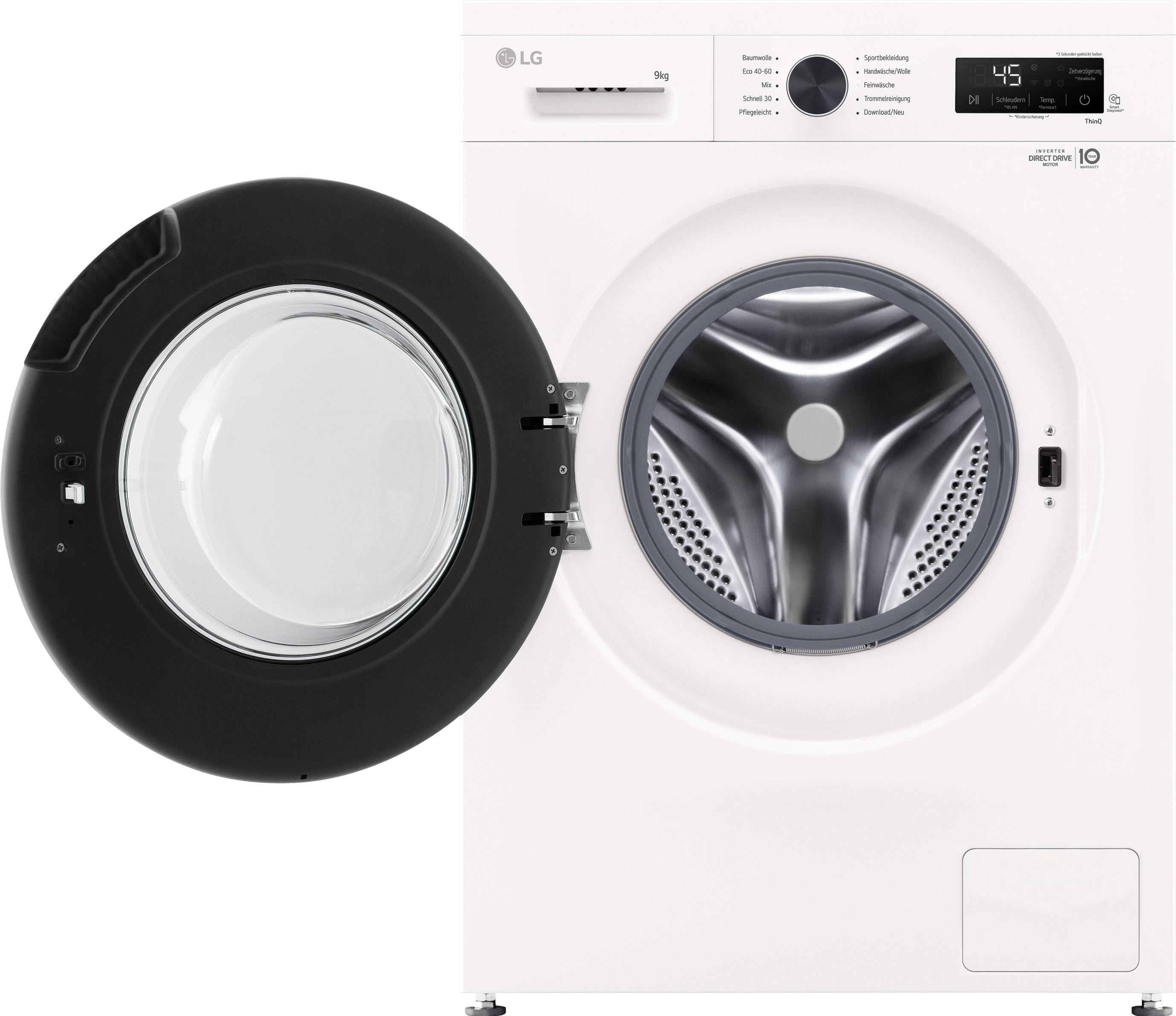 Weiße LG Waschmaschine mit offener schwarzer Tür. Weißer Hintergrund.