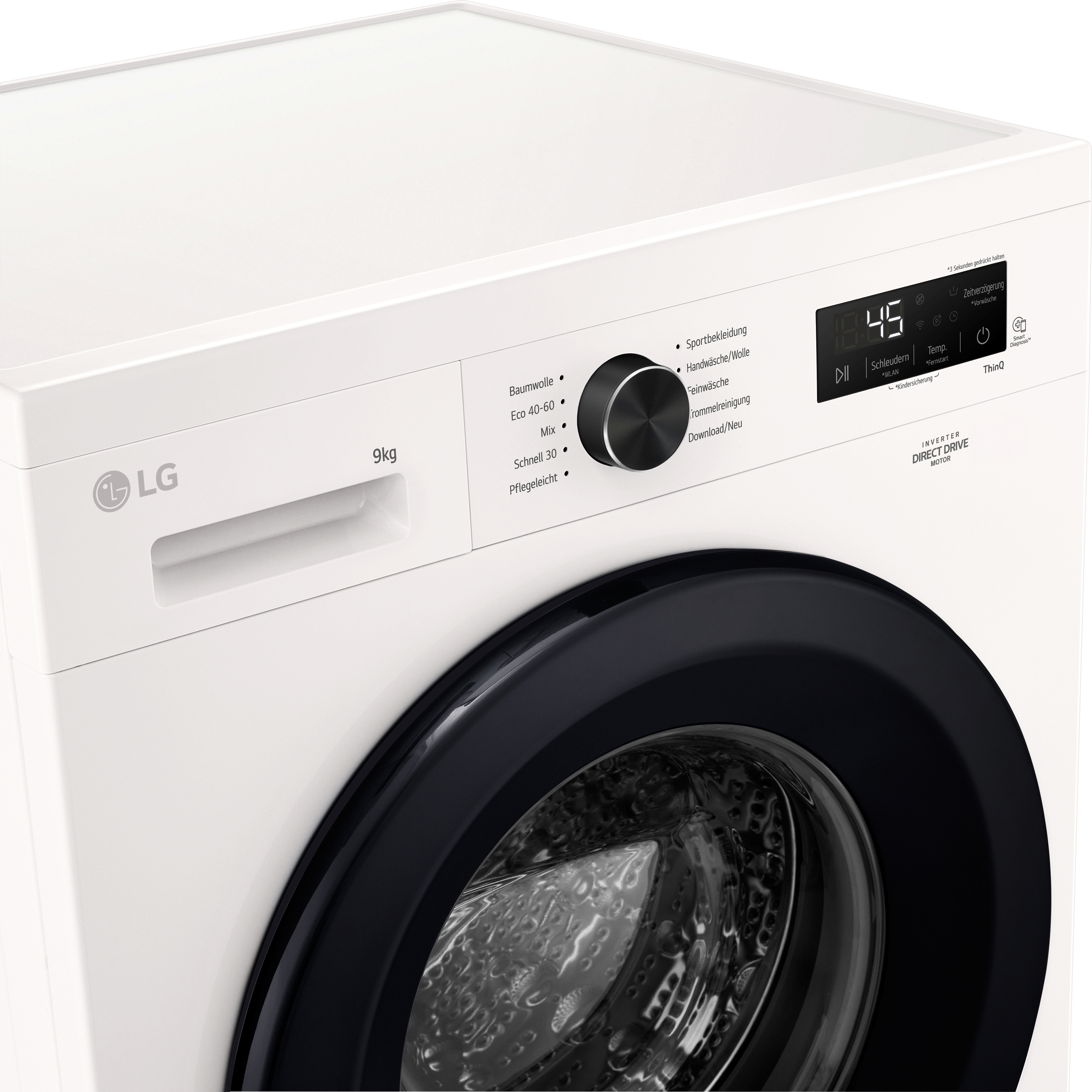 Weiße LG Waschmaschine. Display zeigt 45. Schwarzer Drehregler und Tür. 9 kg Kapazität.