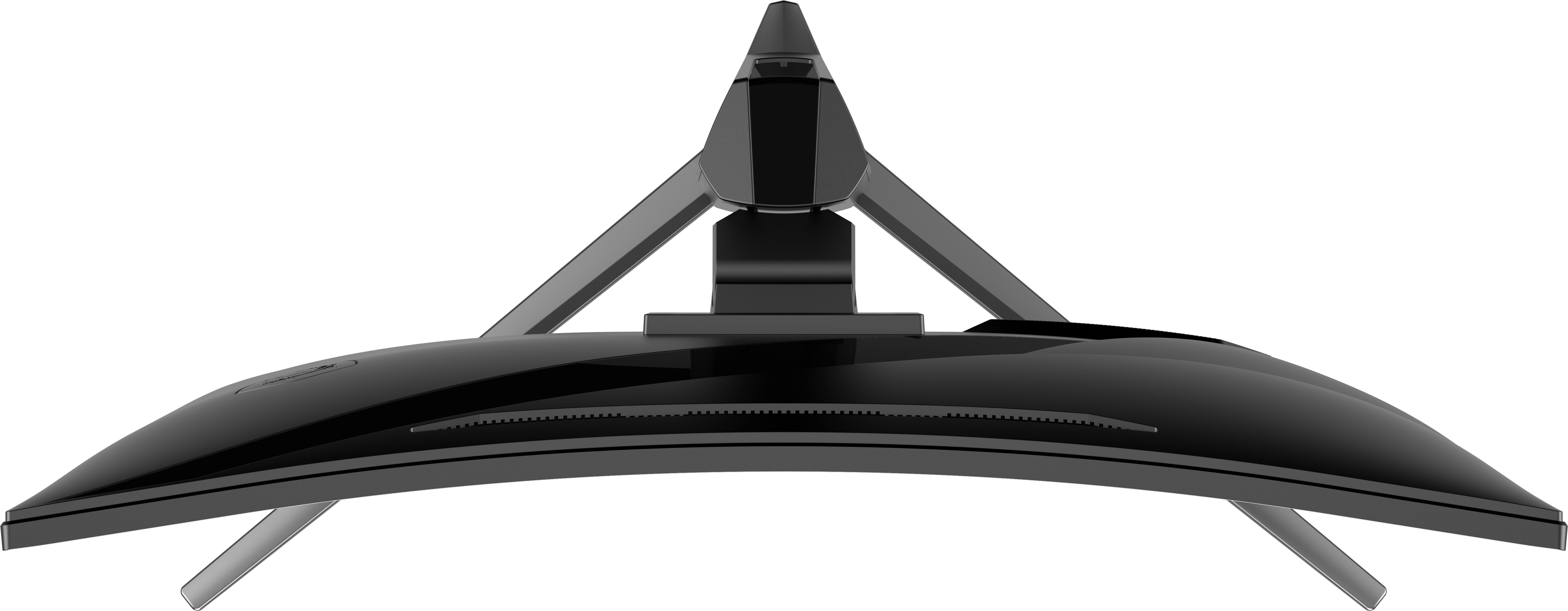 Schwarzer, gewölbter Monitor, angewinkelte Ansicht. Der Monitor hat einen dünnen Rahmen und einen schwarzen Ständer. Schwarzer Hintergrund.