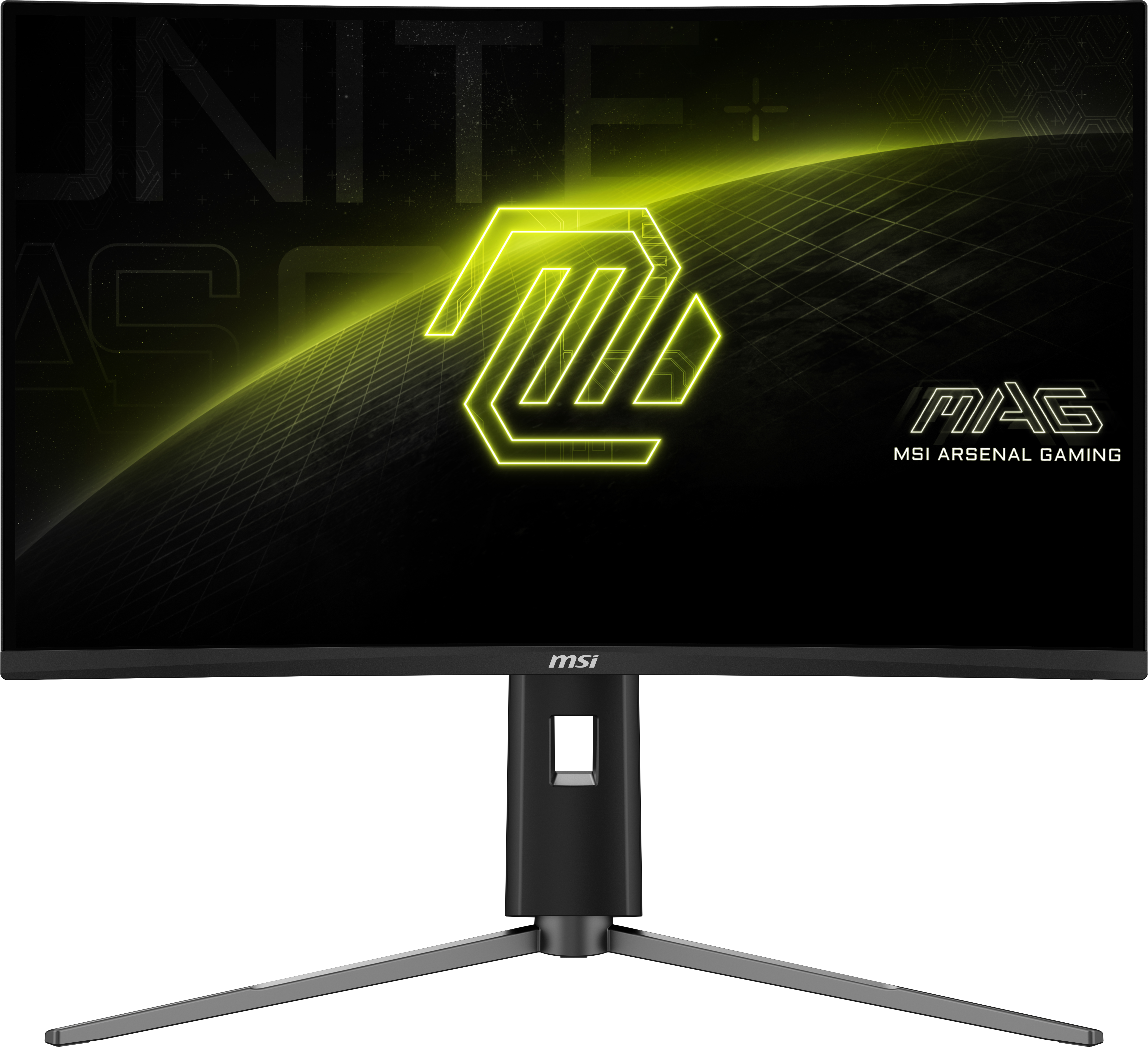Schwarzer MSI MAG Gaming-Monitor, gebogener Bildschirm, mit Logo.