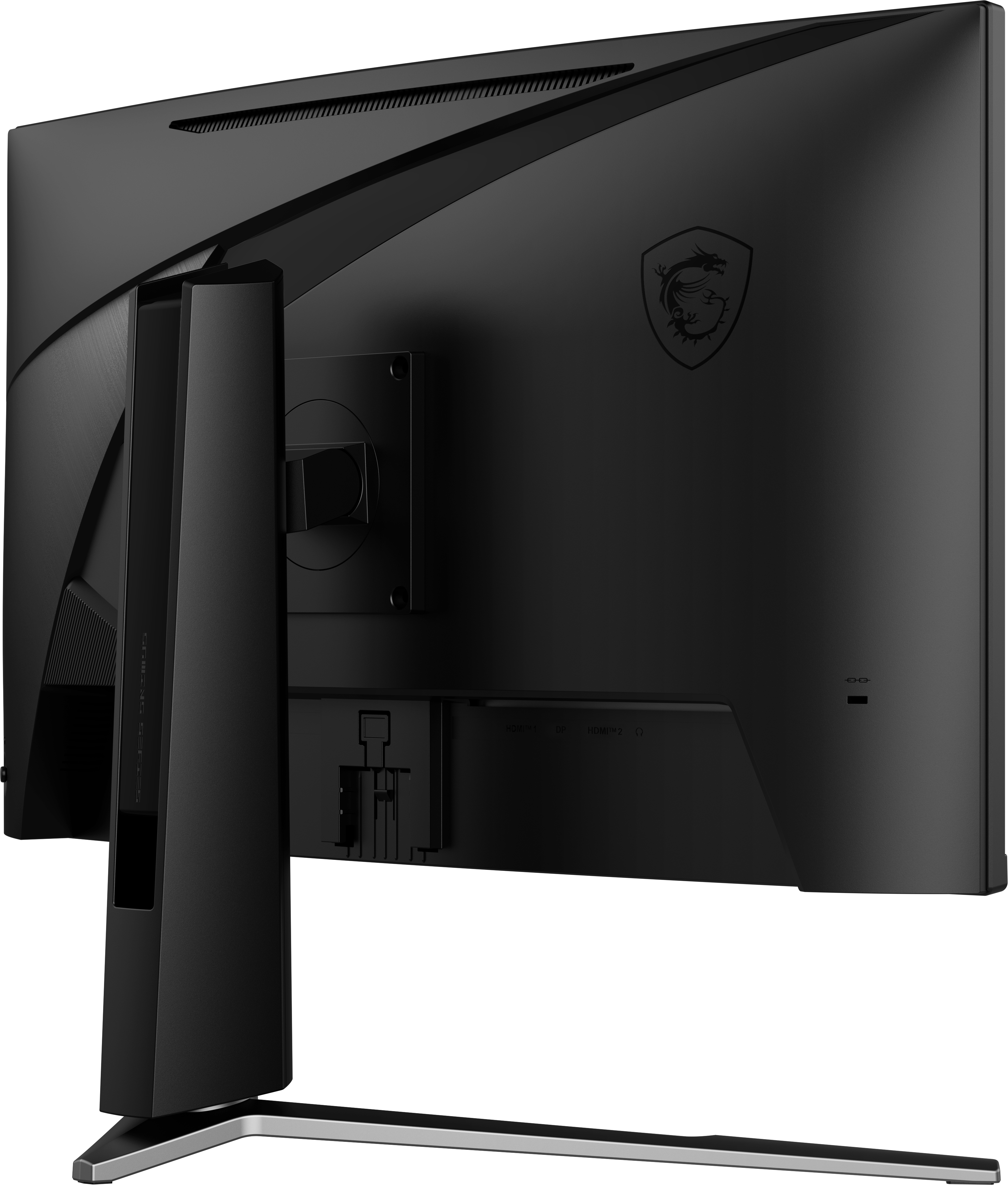 Rückansicht eines schwarzen Computermonitors mit Ständer. Das MSI-Logo ist sichtbar.