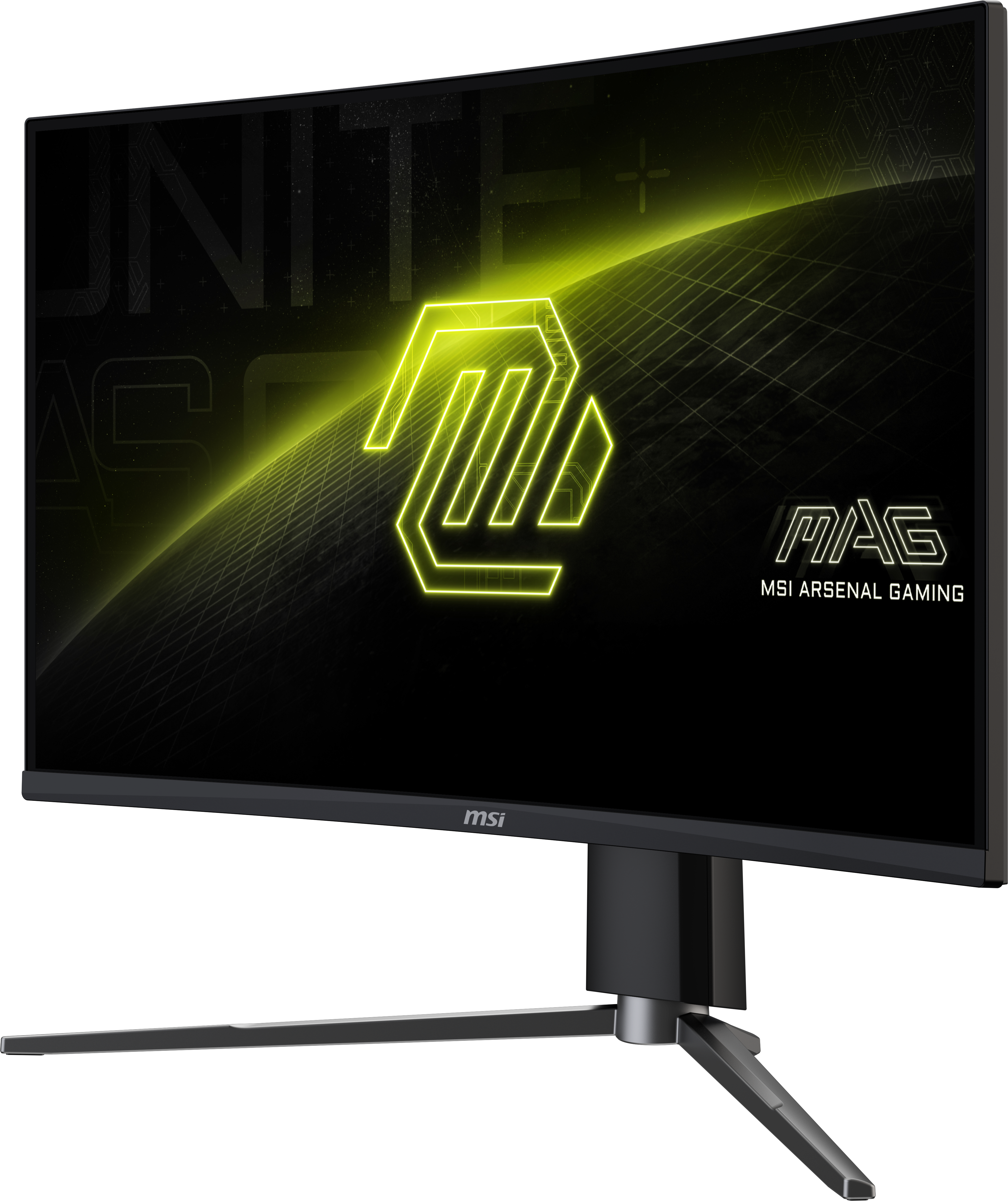 Ein schwarzer Computermonitor mit einem neongrünen Logo auf schwarzem Untergrund.