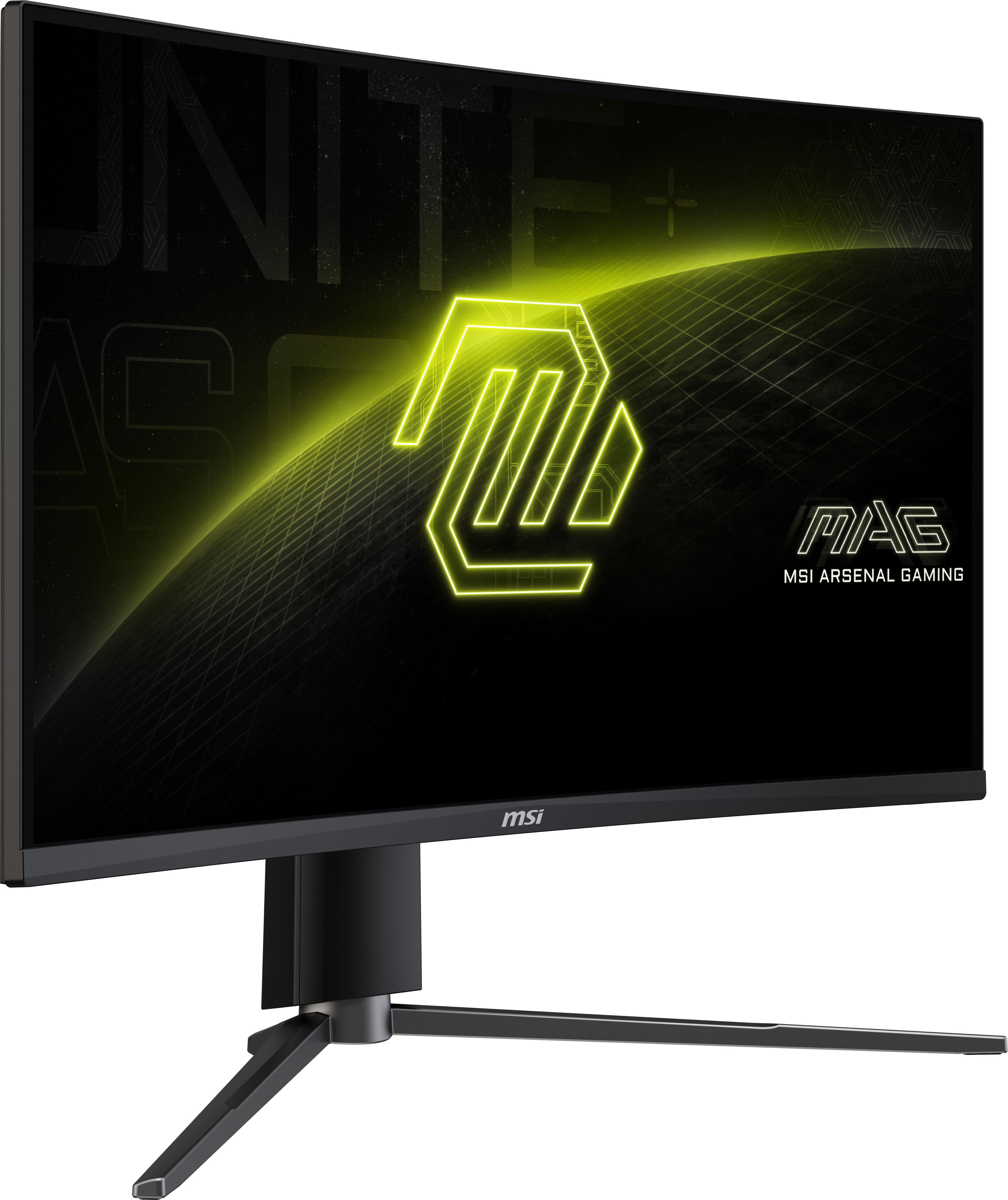 MSI Gaming-Monitor. Schwarzer Rahmen mit neon-gelbem Logo auf dem Bildschirm. Auf schwarzem Grund.