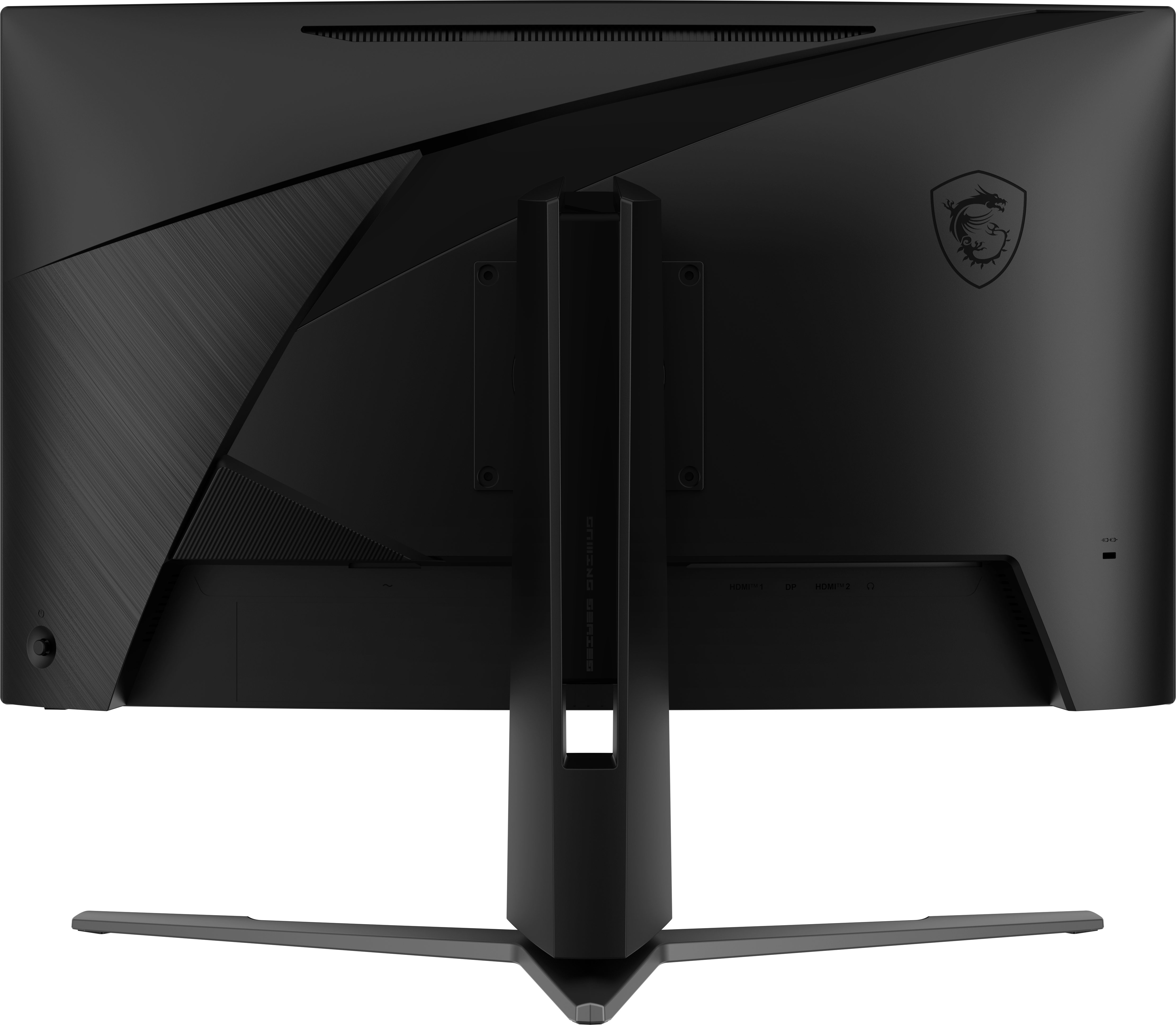 Rückseite eines schwarzen Computermonitors. MSI-Logo, Ständer und verschiedene Anschlüsse unten.