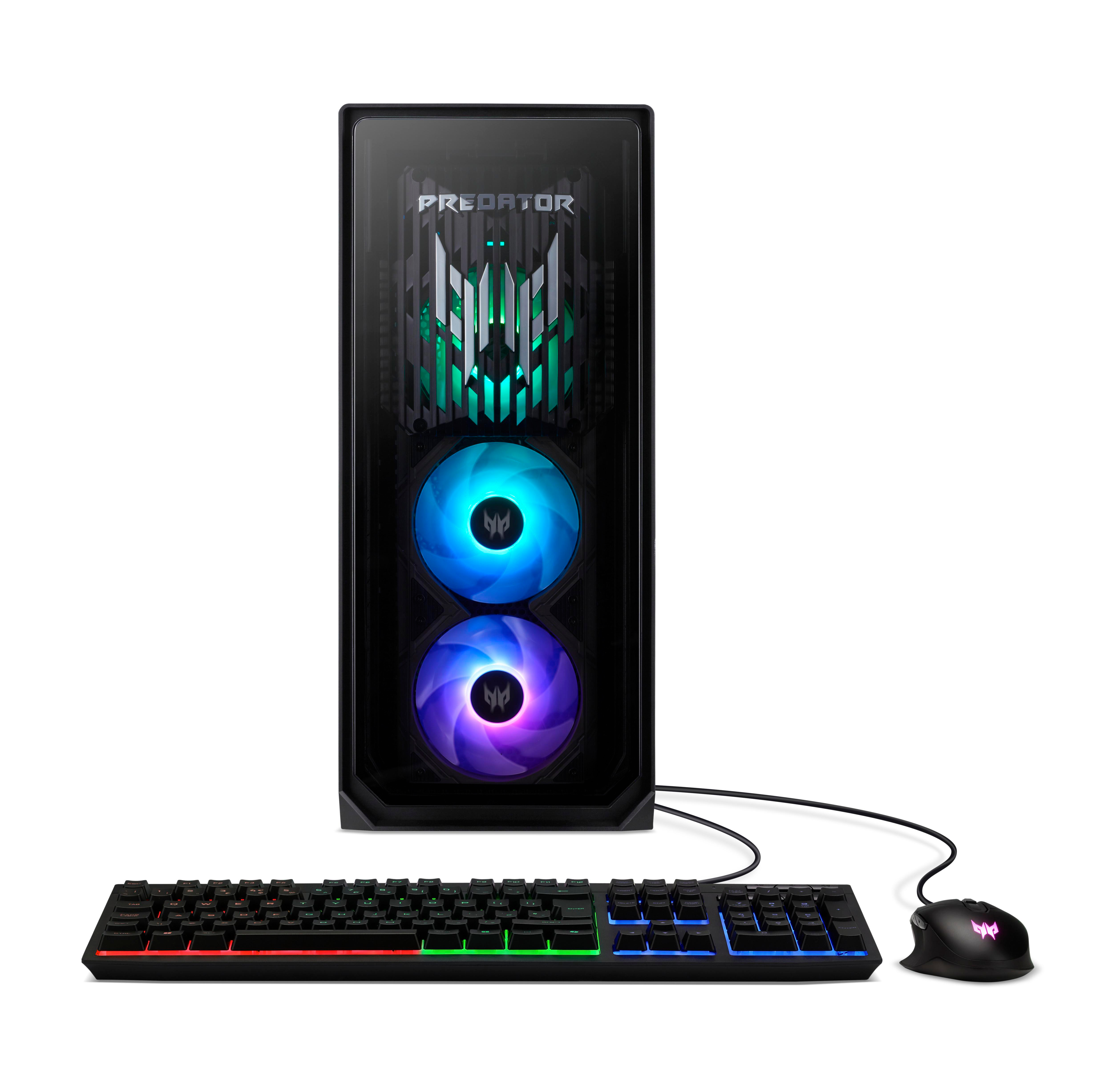 Ein schwarzer Predator Gaming-PC, Tastatur und Maus. Der PC hat farbenfrohe Lichter.
