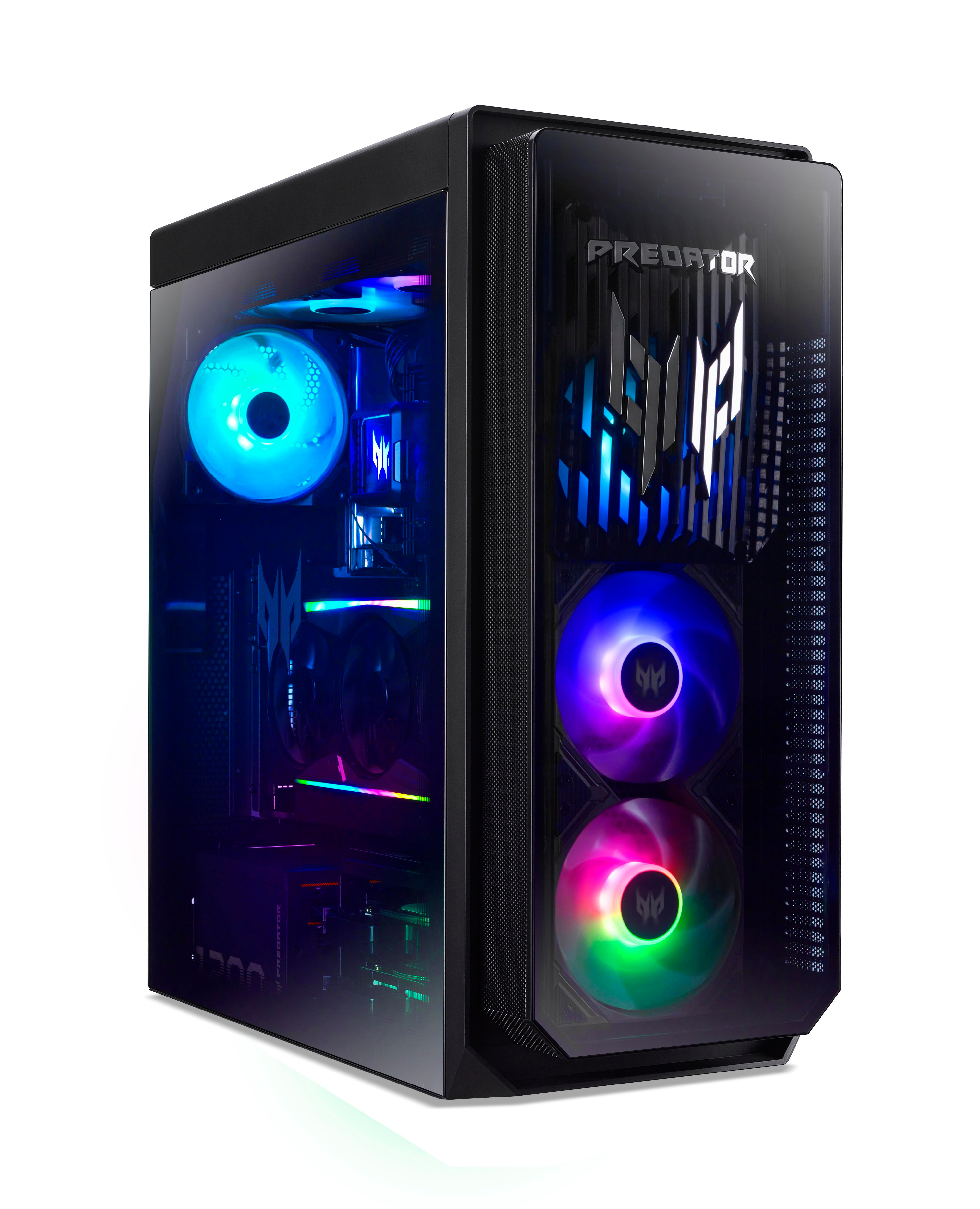 Ein schwarzes Computergehäuse mit einer Glasseitenwand. Das Gehäuse hat bunte Lüfter und das Predator-Logo.