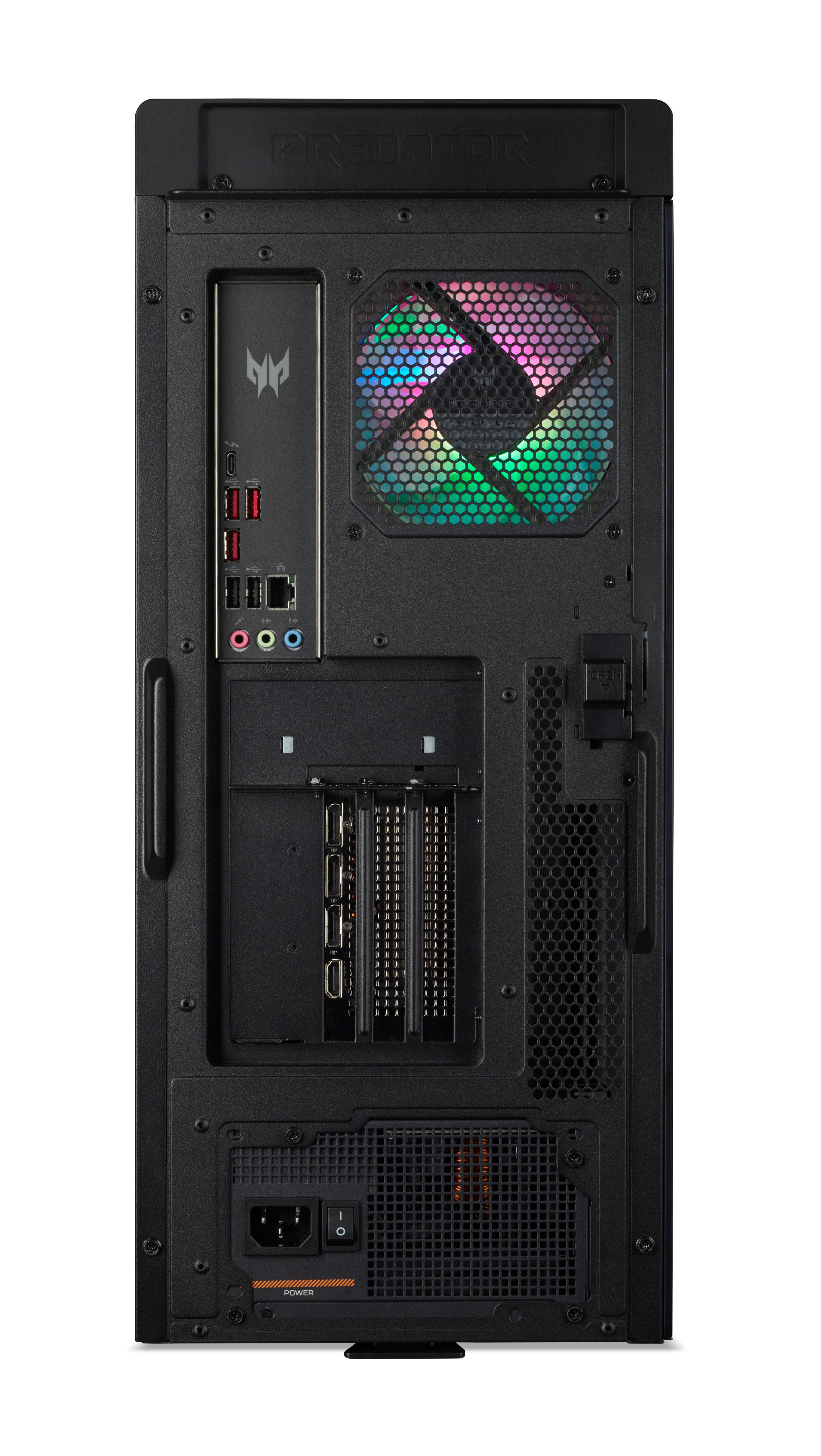 Rückansicht eines schwarzen Computerturms mit Lichtern.