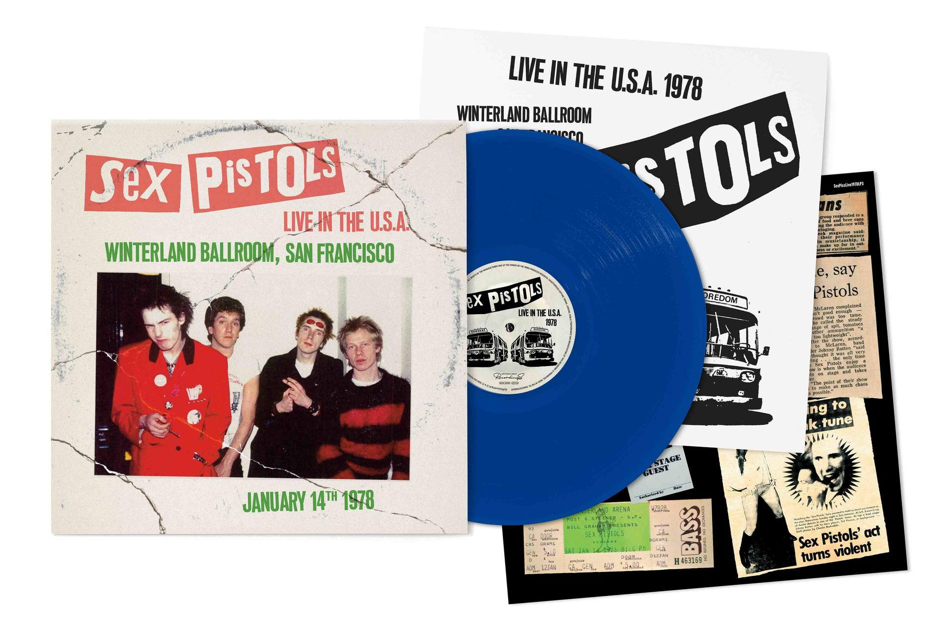 Un disque vinyle bleu avec un groupe et du texte.