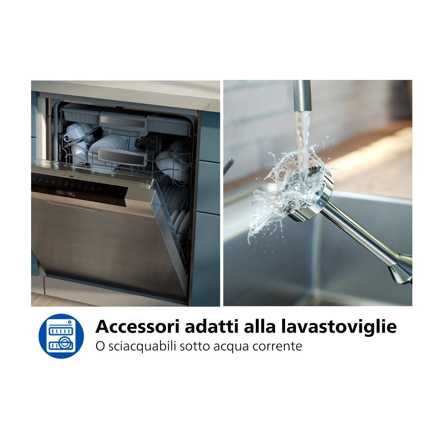 Lavastoviglie e un frullatore a immersione con il testo 'Accessori adatti'.