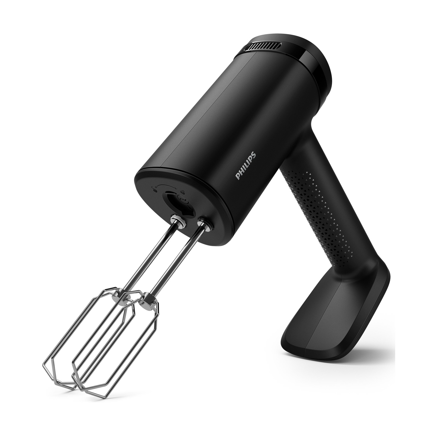 Un frullatore a mano nero con due fruste, marchio Philips, su sfondo bianco.