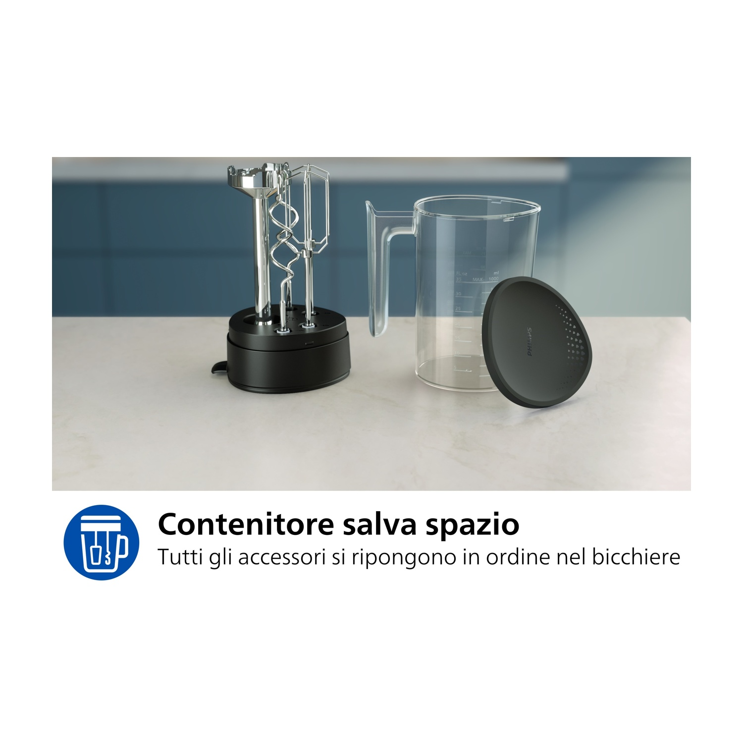 Frullatore da cucina con accessori. Include un frullatore con una caraffa trasparente e una base nera.
