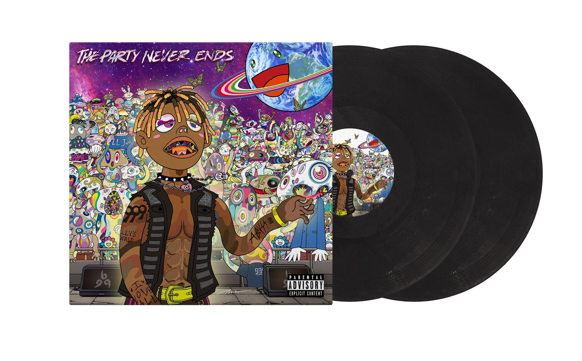 Albumcover mit Cartoonfigur, zwei schwarzen Schallplatten.