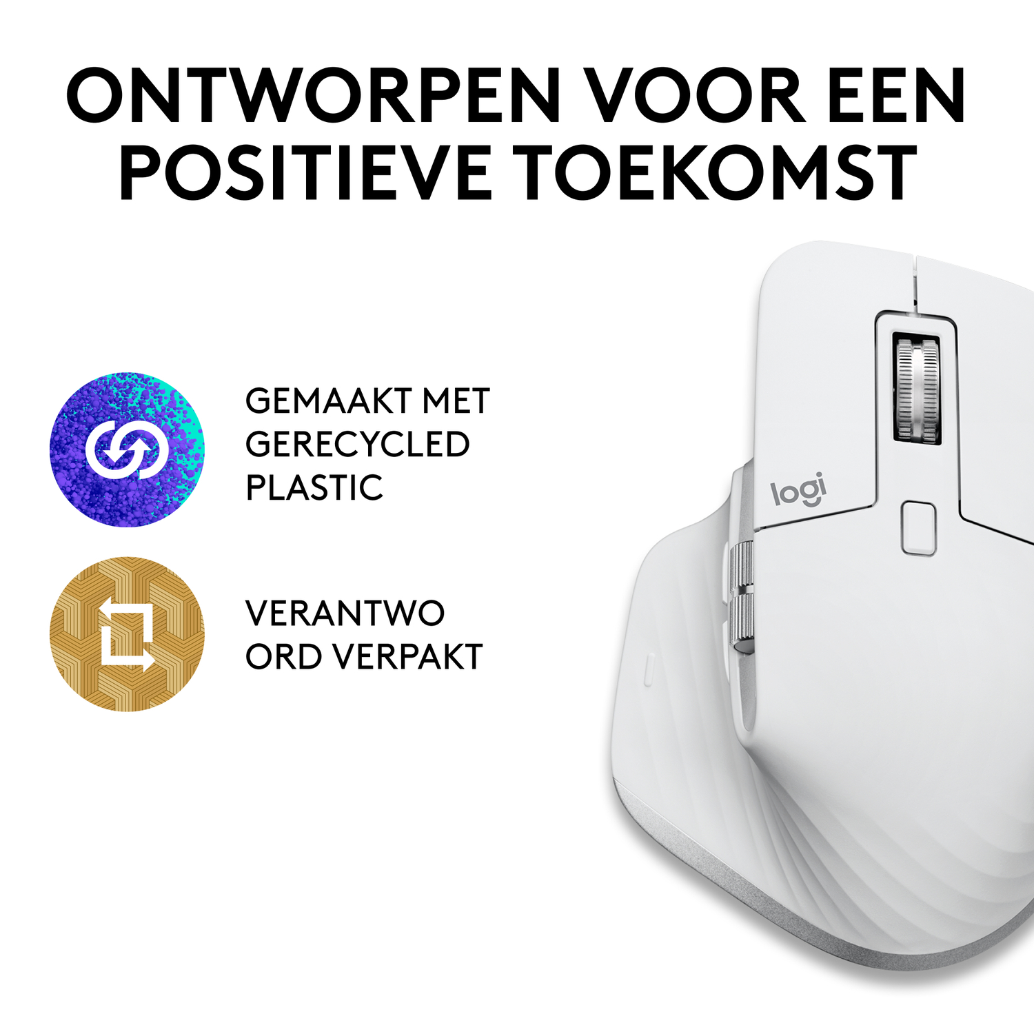 White Logitech mouse with icons and text 'FABRIQUÉE AVEC DU PLASTIQUE RECYCLÉ'.