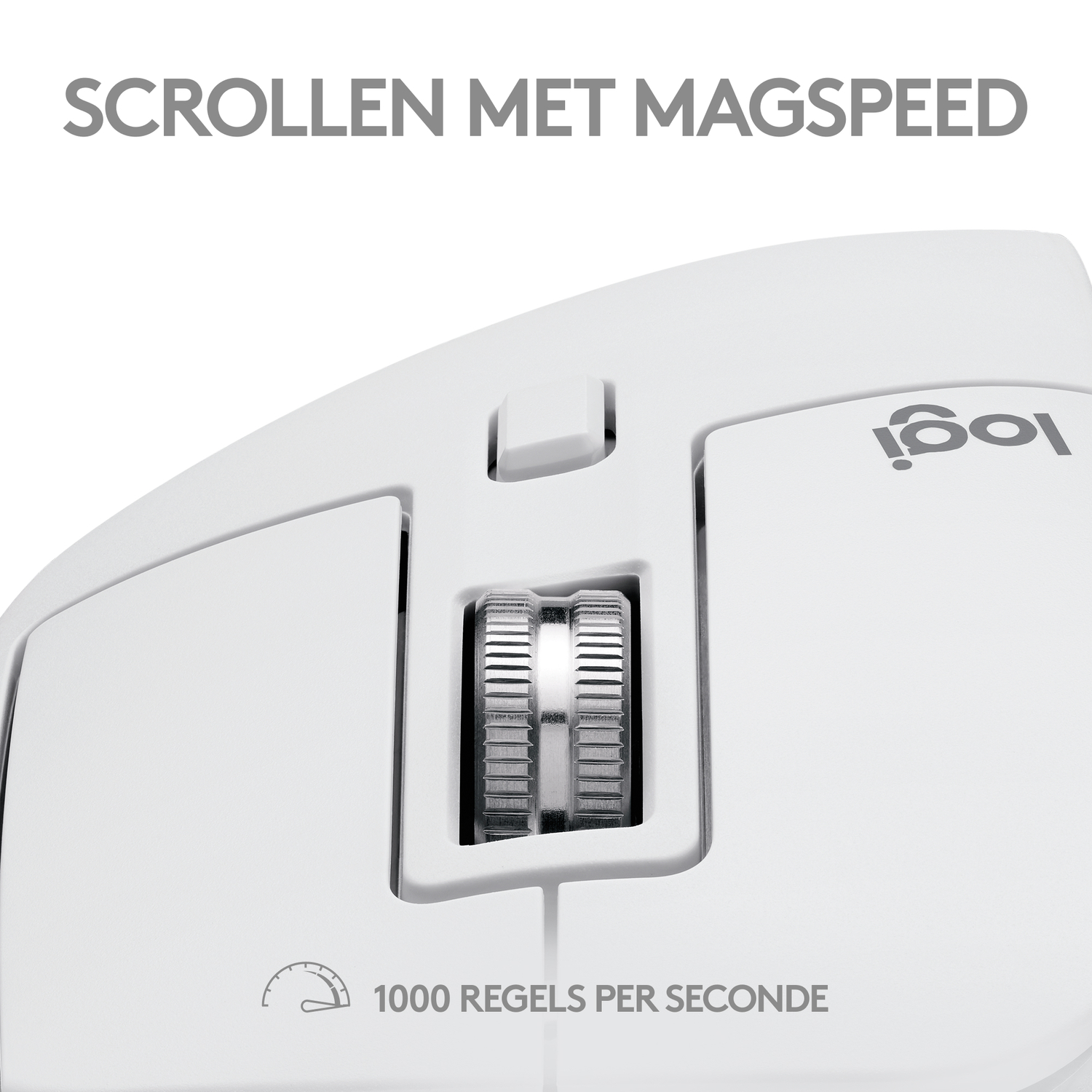 Close-up of a white mouse with scroll wheel. Text: SCROLLEN MET MAGSPEED.
