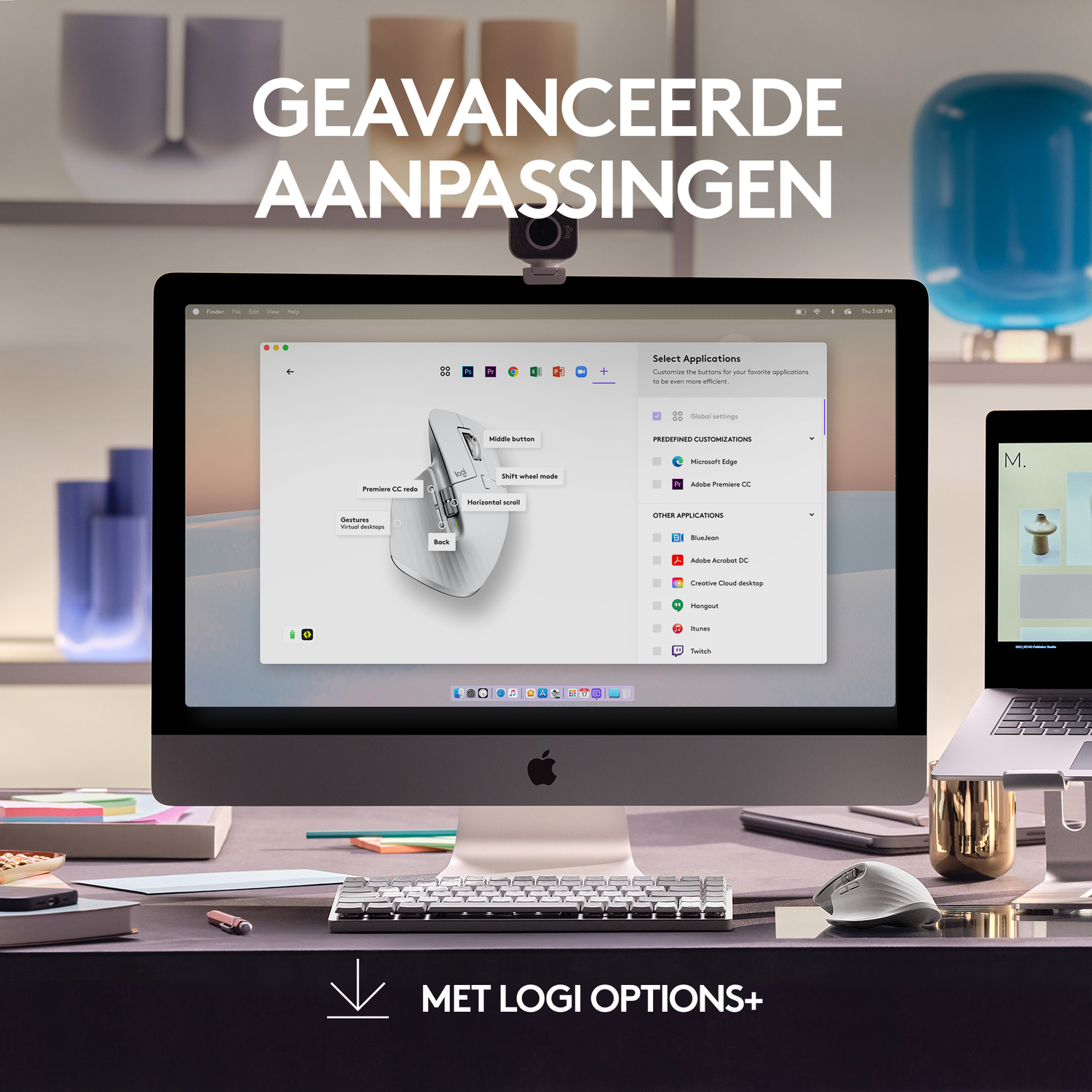 Computer setup with monitor displaying interface.  Mouse and keyboard on desk. Text: Met logi options+.