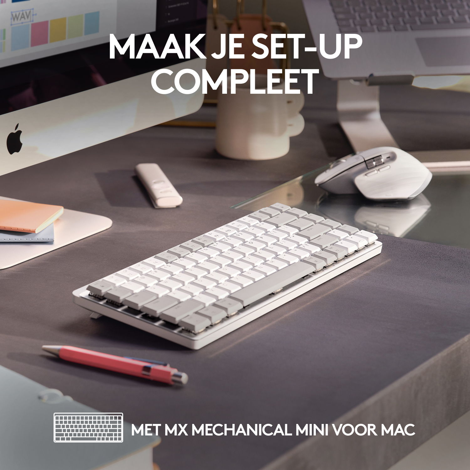 Workspace with a keyboard, a pen, a white mouse, a mug, and a monitor.