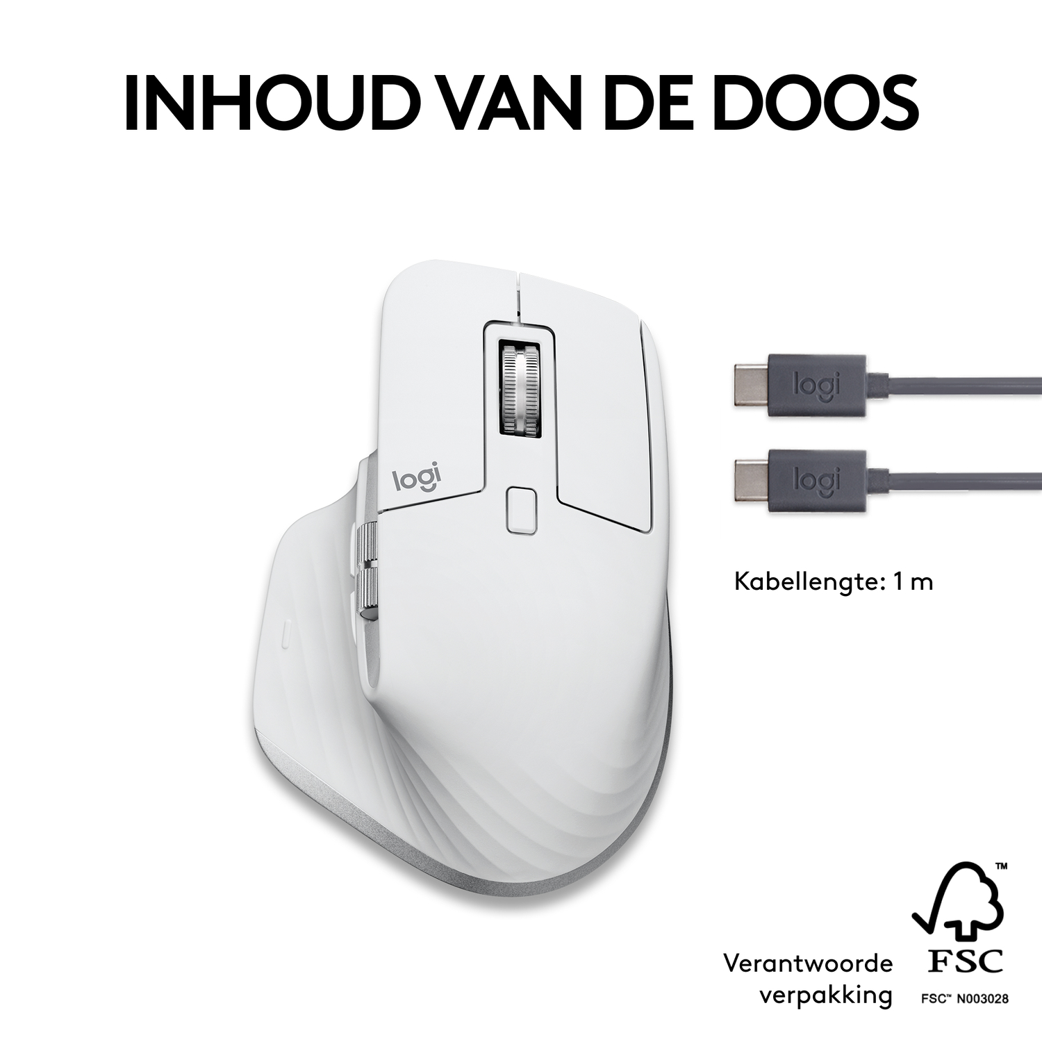 White Logitech mouse, cables, and FSC packaging, contents shown.