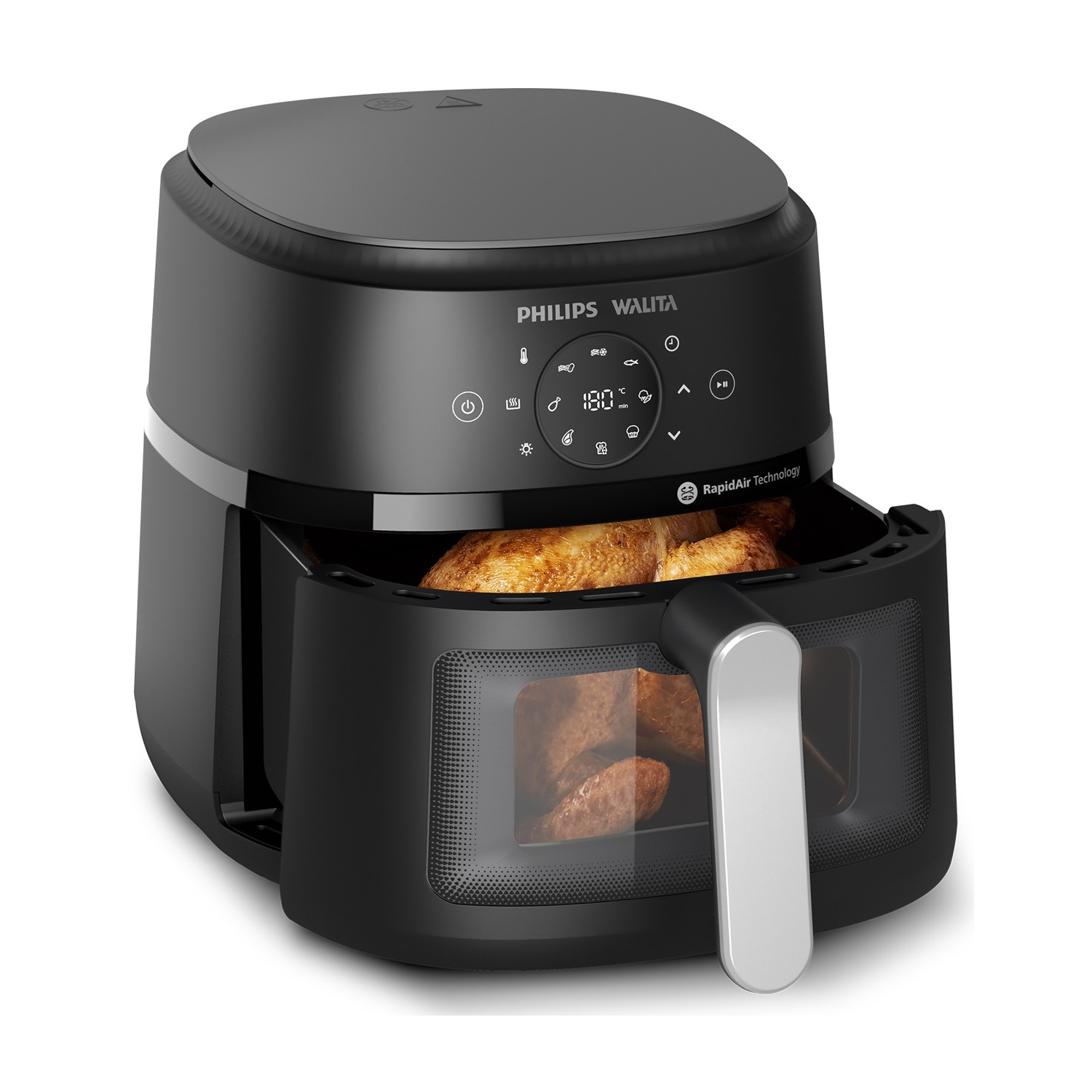 Friggitrice ad aria nera con finestra trasparente che mostra pollo cotto. Il marchio è Philips Walita.