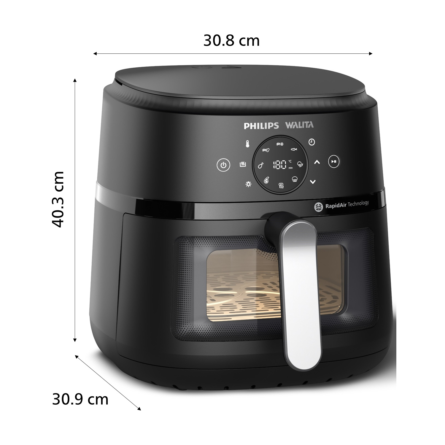 Friggitrice ad aria Philips nera con dimensioni. Presenta maniglia, pannello comandi e finestra.