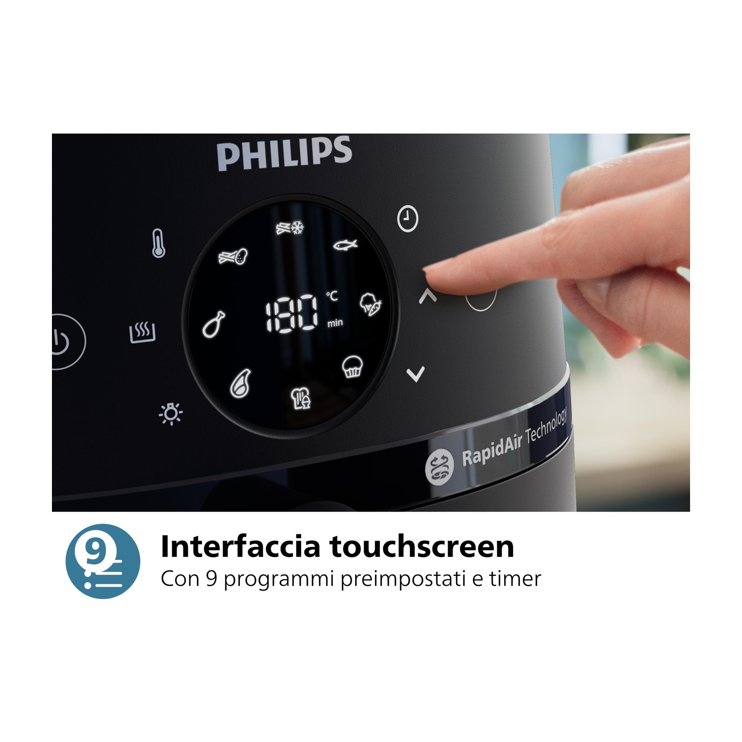 Noaton Friggitrice ad Aria Digitale, 6,2 L, Air Fryer con 8 programmi, Senza Olio, Touchscreen, Potenza 1600 W, Timer 1–60 min, per 6–8 Persone, Ricettario e pinze da cucina