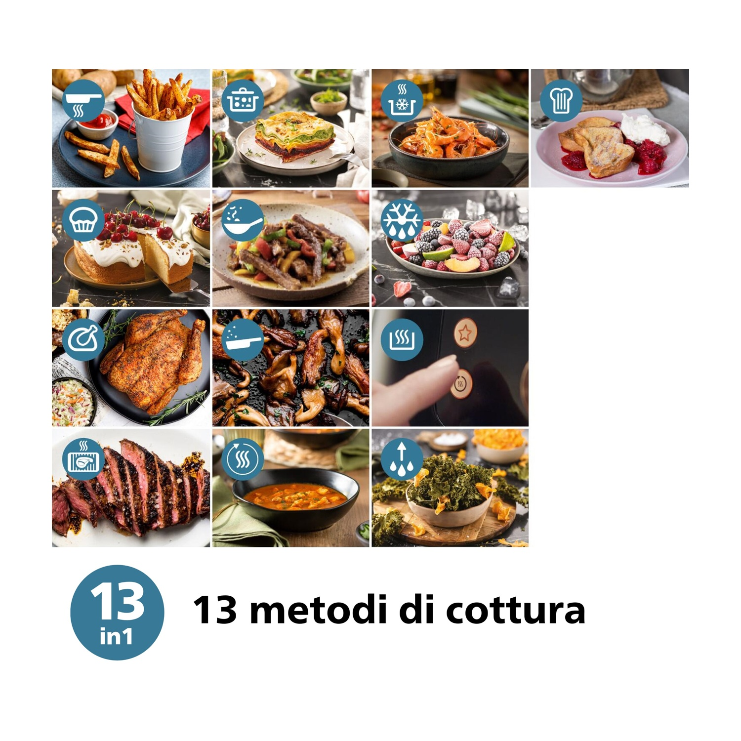 13 immagini di piatti cotti e metodi di cottura visualizzati su una superficie bianca.
