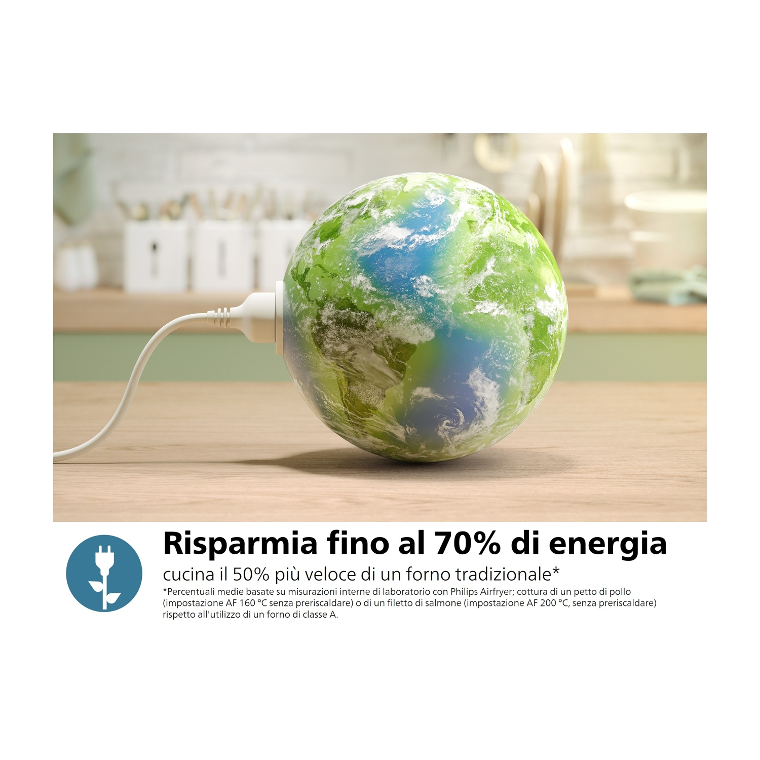 Globo collegato a una presa. Testo 'Risparmia fino al 70% di energia' e dettagli.