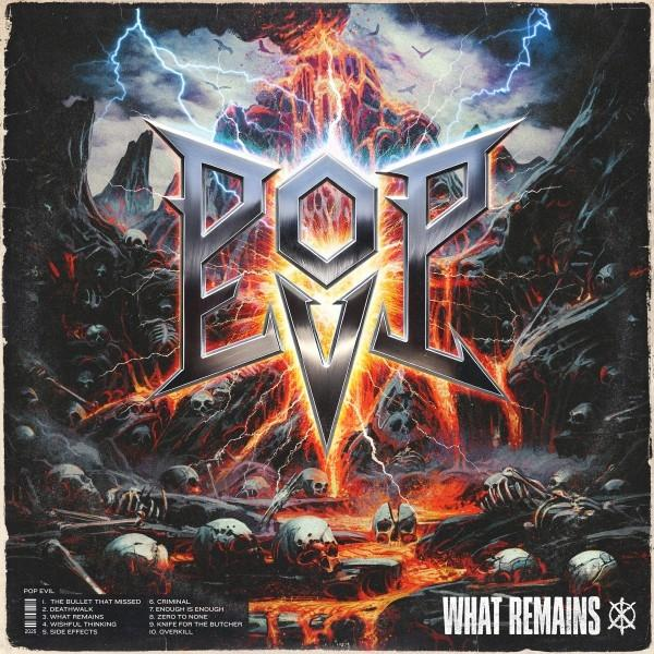 Albumcover mit feurigem Hintergrund, Totenköpfen und einem Metalllogo mit dem Titel "What Remains".