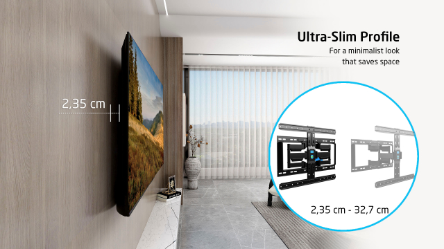Egy falra szerelt TV, egy diagrammal a fali tartóról. Szöveg: Ultra-Slim Profile, 2,35 cm.